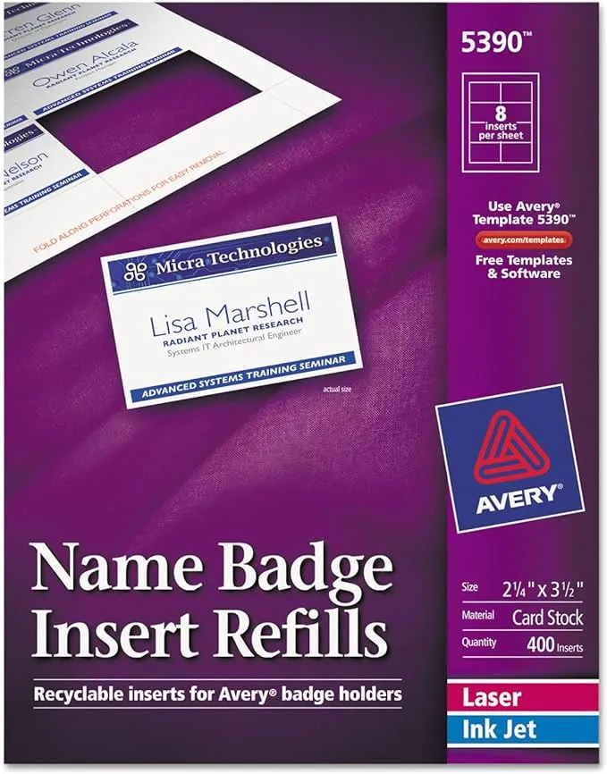 Avery Customizable Name Badge Inserts, 2.25" x 3.5", White, 400 Printable Name Tag Inserts (05390)