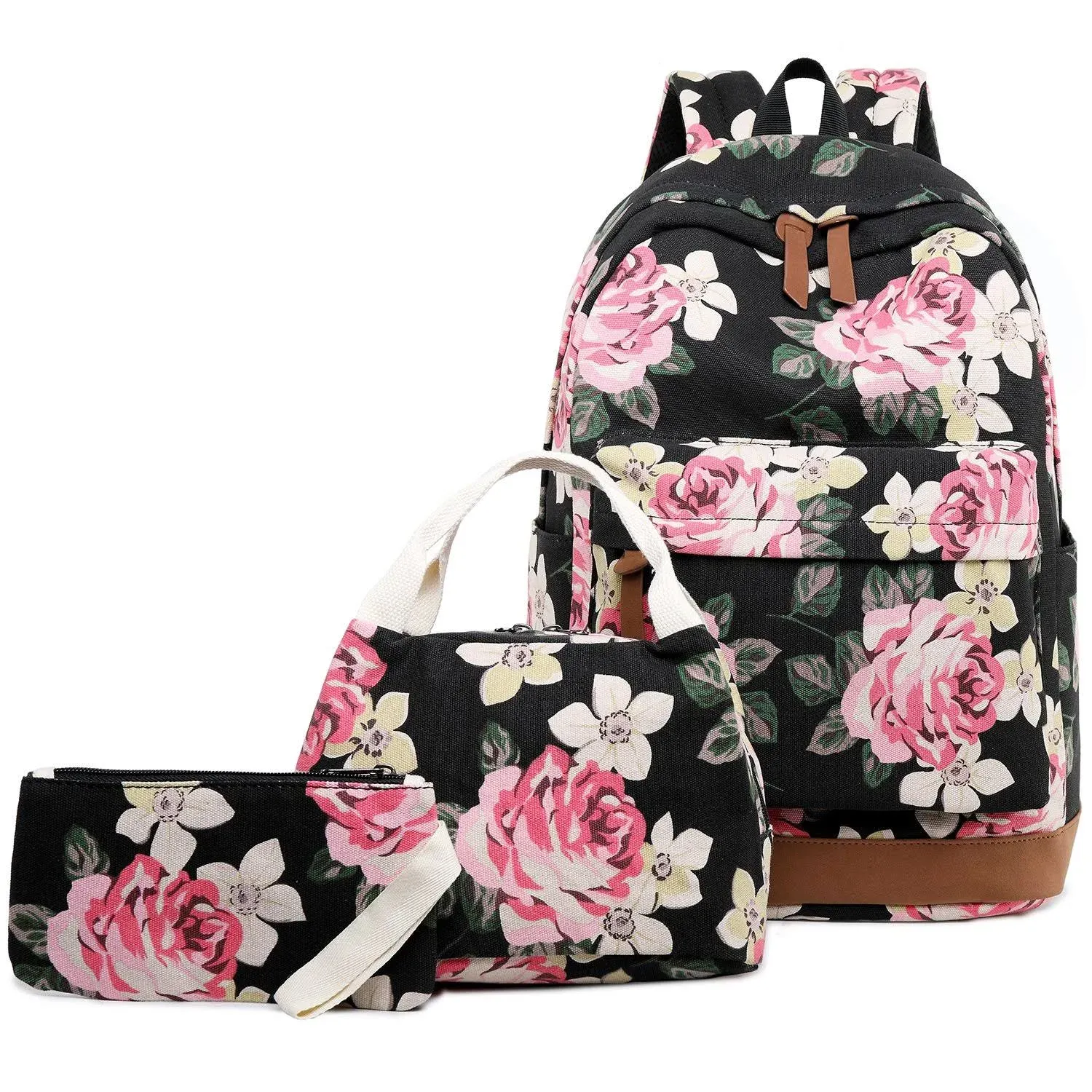 abshoo Floral Backpacks For Girls Canvas School Bookbags Teen Girls Backpacks With Lunch Bag (Floral Black)