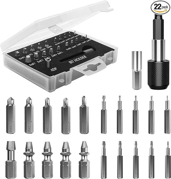 Nuovoware Damaged Screw Extractor Set, 22 PCS Easy Out Stripped Screw Extractor Kit, All-purpose HSS Broken Screw Remover Set with Magnetic Extension Bit Holder & Socket Adapter