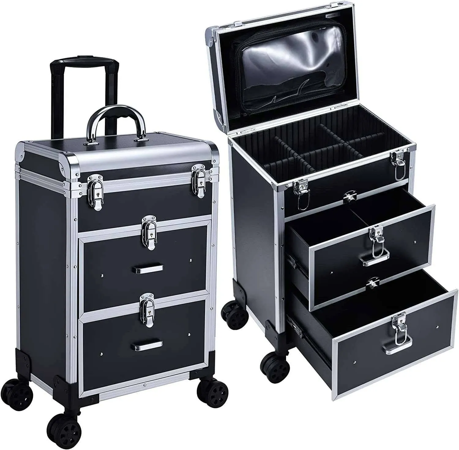 Adazzo Professional Rolling Makeup Train Case with Drawers, Large Cosmetic Tr...