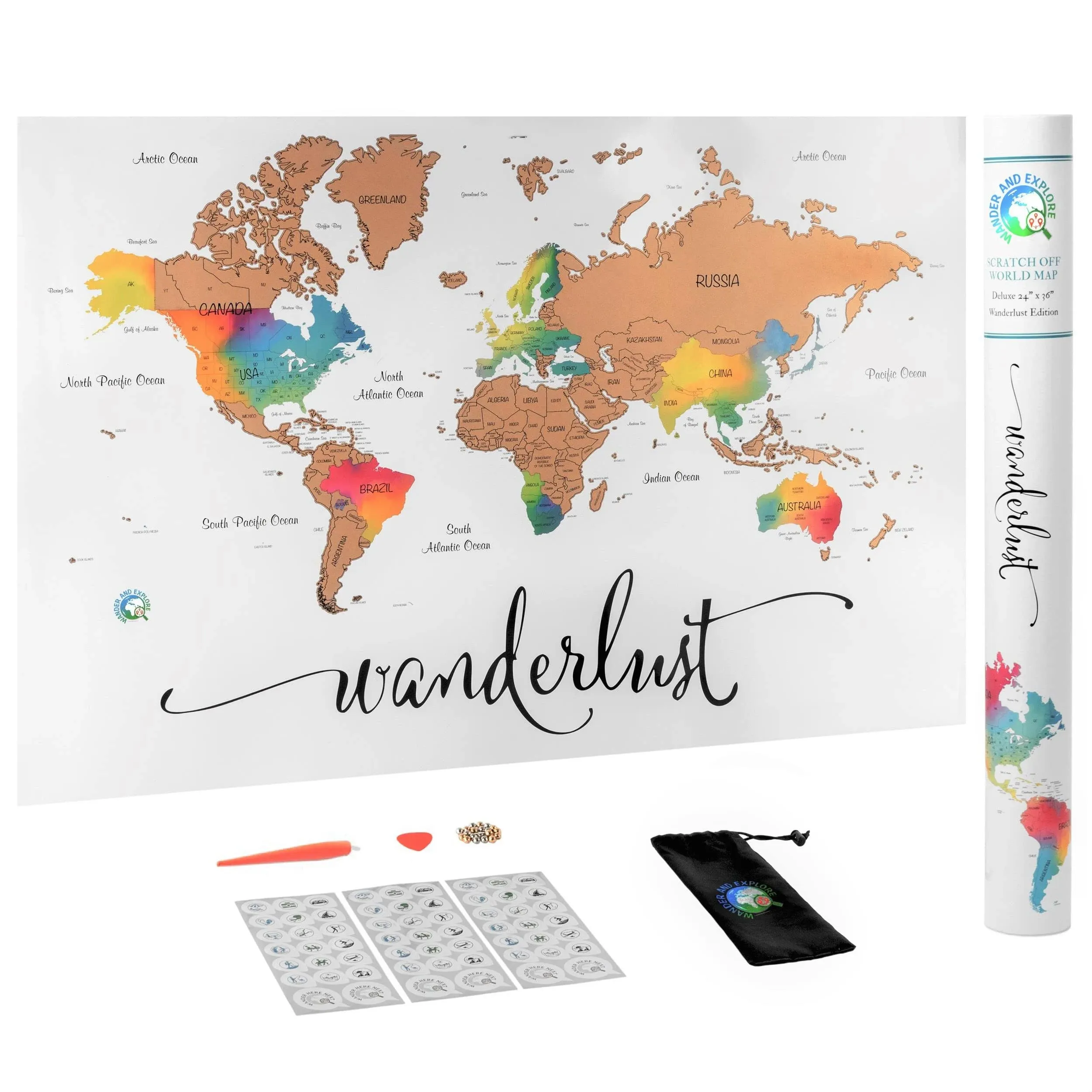 36&#034;x 24&#034; XL Scratch Off Map of The World | Deluxe Watercolor Wanderlust Edition