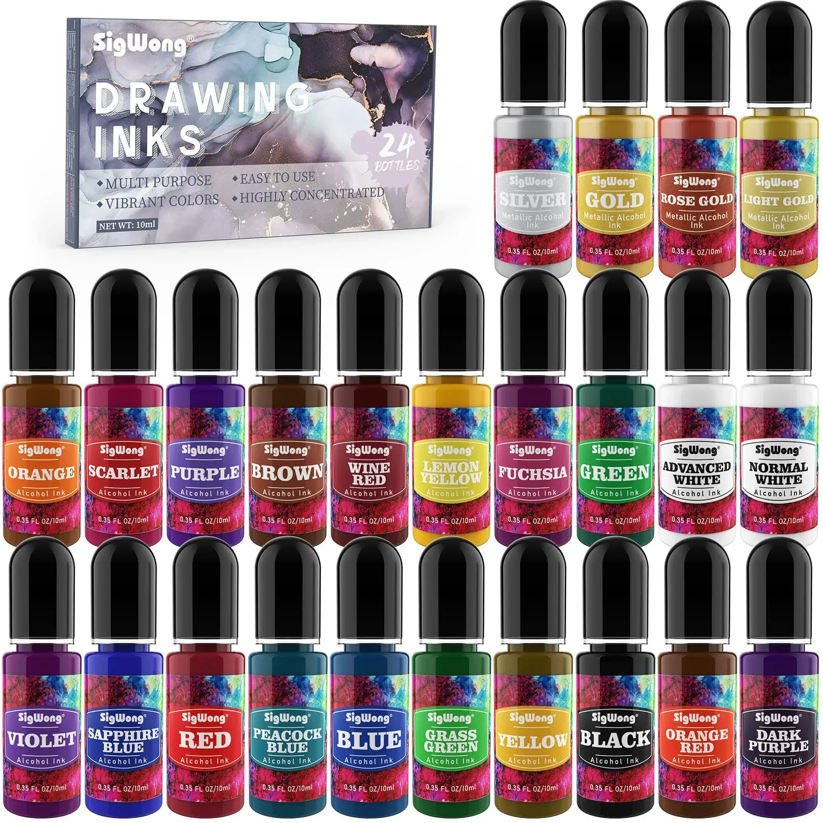 Alcohol Ink Set - 24 Bottles Vibrant Colors High Concentrated Alcohol-Based Ink ...