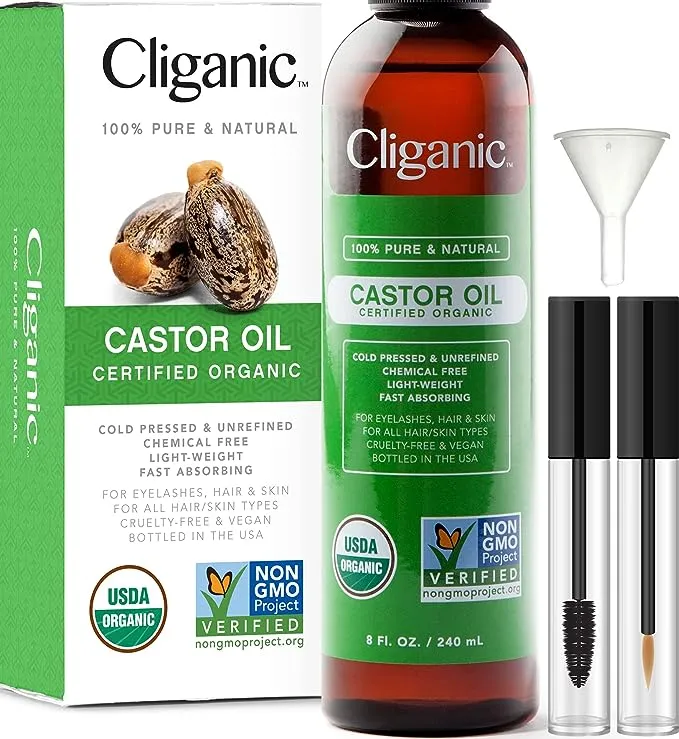 Cliganic USDA Organic Castor Oil, 100% Pure (8oz with Eyelash Kit) - For Eyelashes, Eyebrows, Hair & Skin | Natural Cold Pressed Unrefined Hexane-Free