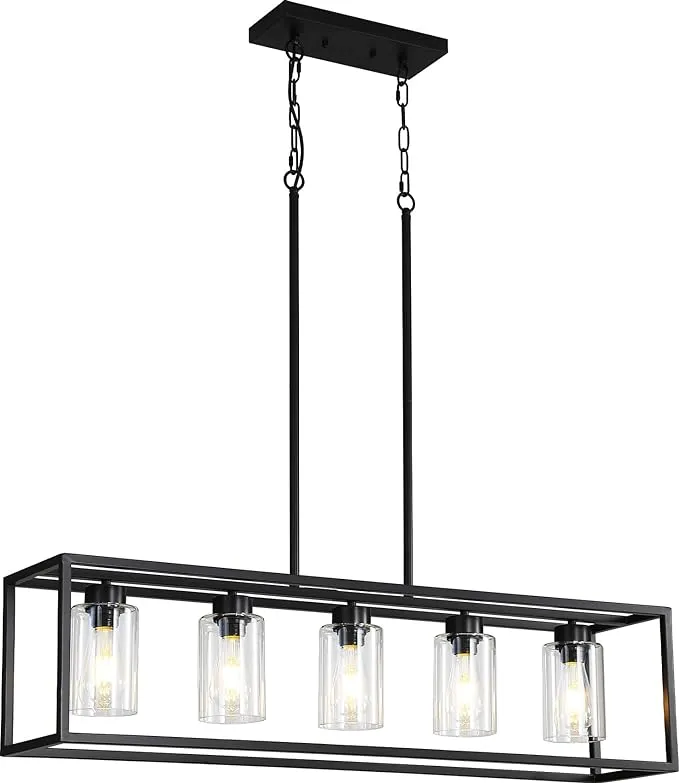 Black 5-Light Dining Room Light Fixture, Modern Farmhouse Chandeliers, Linear Rectangular Kitchen Island Lighting, Industrial Vintage Pendant Lighting with Clear Glass Shade Height Adjustable