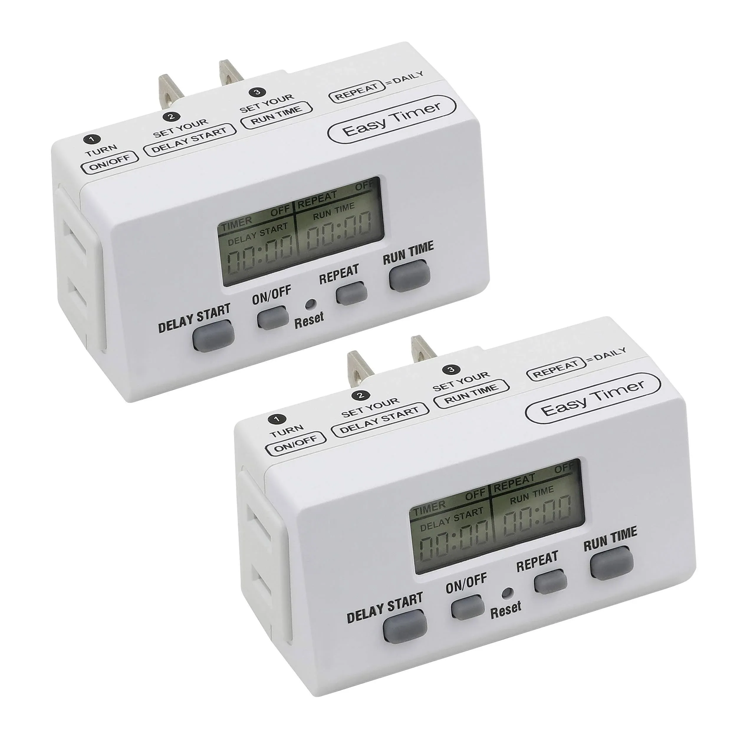 Clear Power 24 Hour Programmable Indoor Digital Timer (2 Pack), ON/Off Button, LCD Display, ETL Listed, for Lamps, Home, Office, Christmas Lights & Holiday Decorations, Single Polarized Plug, CP50010