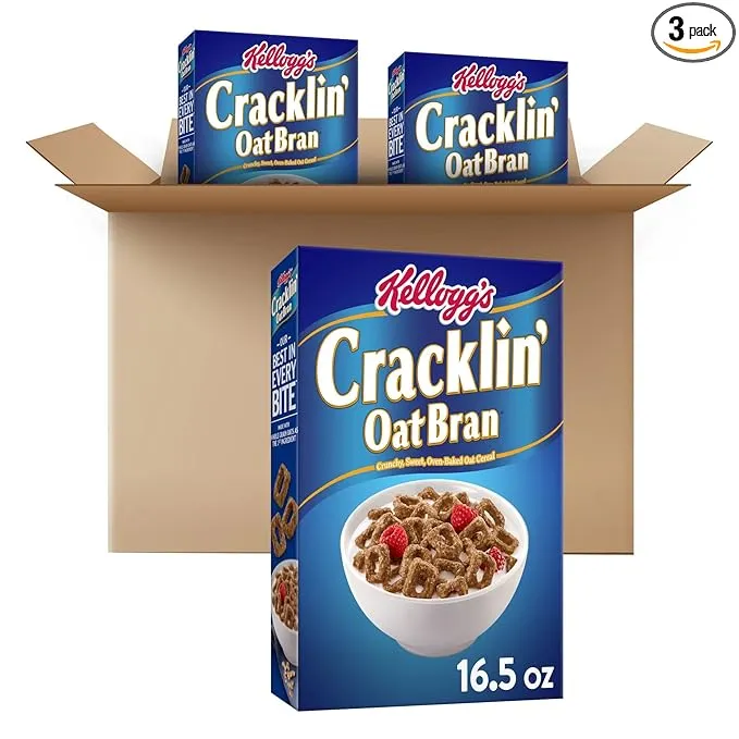 Kellogg's Cracklin' Oat Bran Breakfast Cereal, Family Breakfast, Fiber Cereal, Original (3 Boxes)