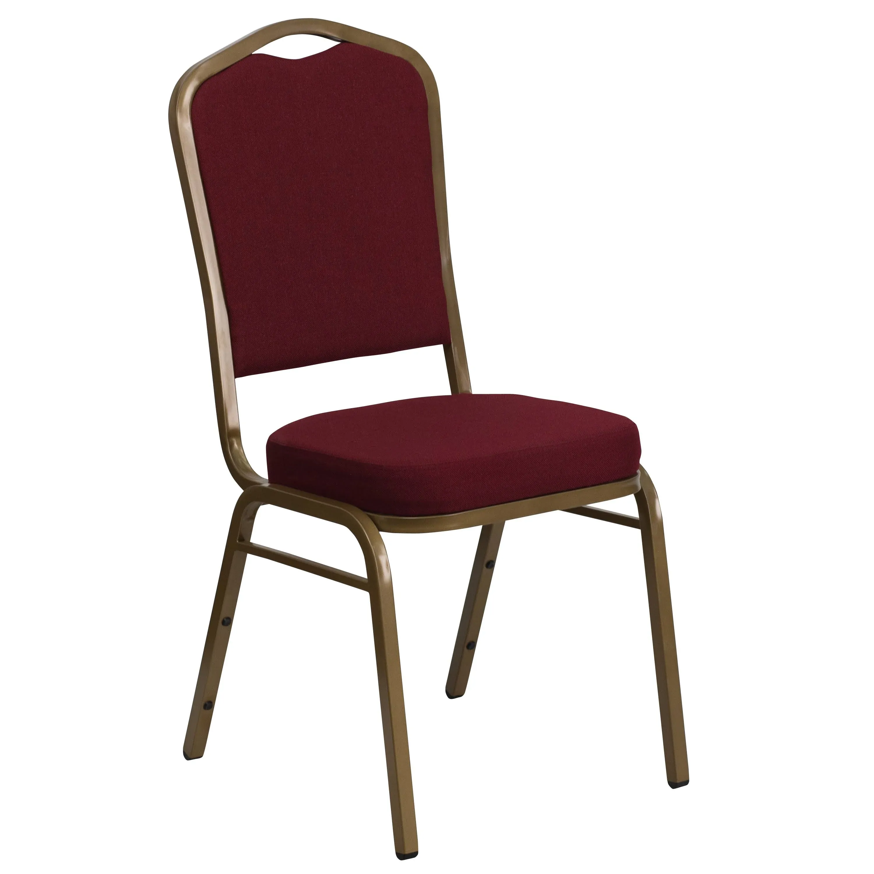 Crown Back Stacking Banquet Chair with Burgundy Fabric and 2.5'' Thick Seat - Gold Frame 