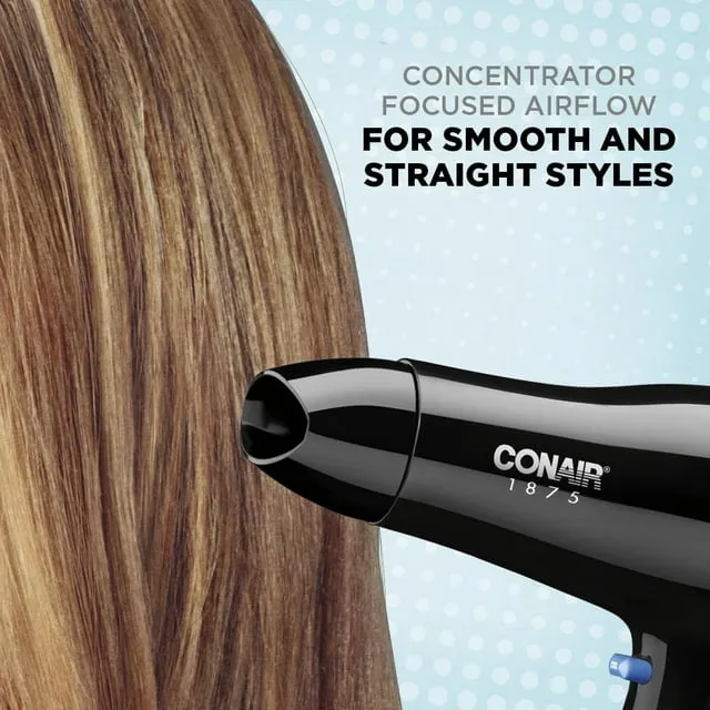 Conair Mid Size Ceramic Hair Dryer, 1875 Watts, Compact, Fast Drying and Styling, Black 247TPW