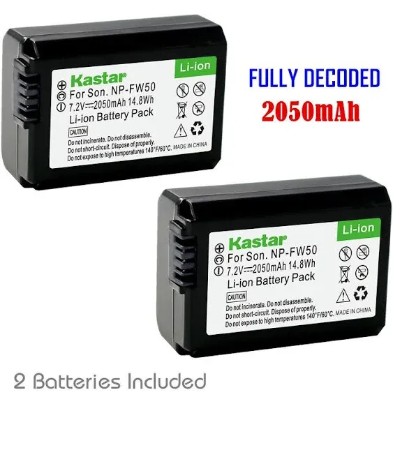 Kastar Battery (2-Pack) for Sony NP-FW50, BC-VW1, BC-TRW work with Sony Alpha 7, a7, Alpha 7R, a7R, Alpha a3000, Alpha a5000, Alpha a6000, NEX-3, NEX-3N, NEX-5, NEX-5N, NEX-5R, NEX-5T, NEX-6, NEX-7, NEX-C3, NEX-F3, SLT-A33, SLT-A35, SLT-A37, SLT-A55V, Cyber-shot DSC-RX10