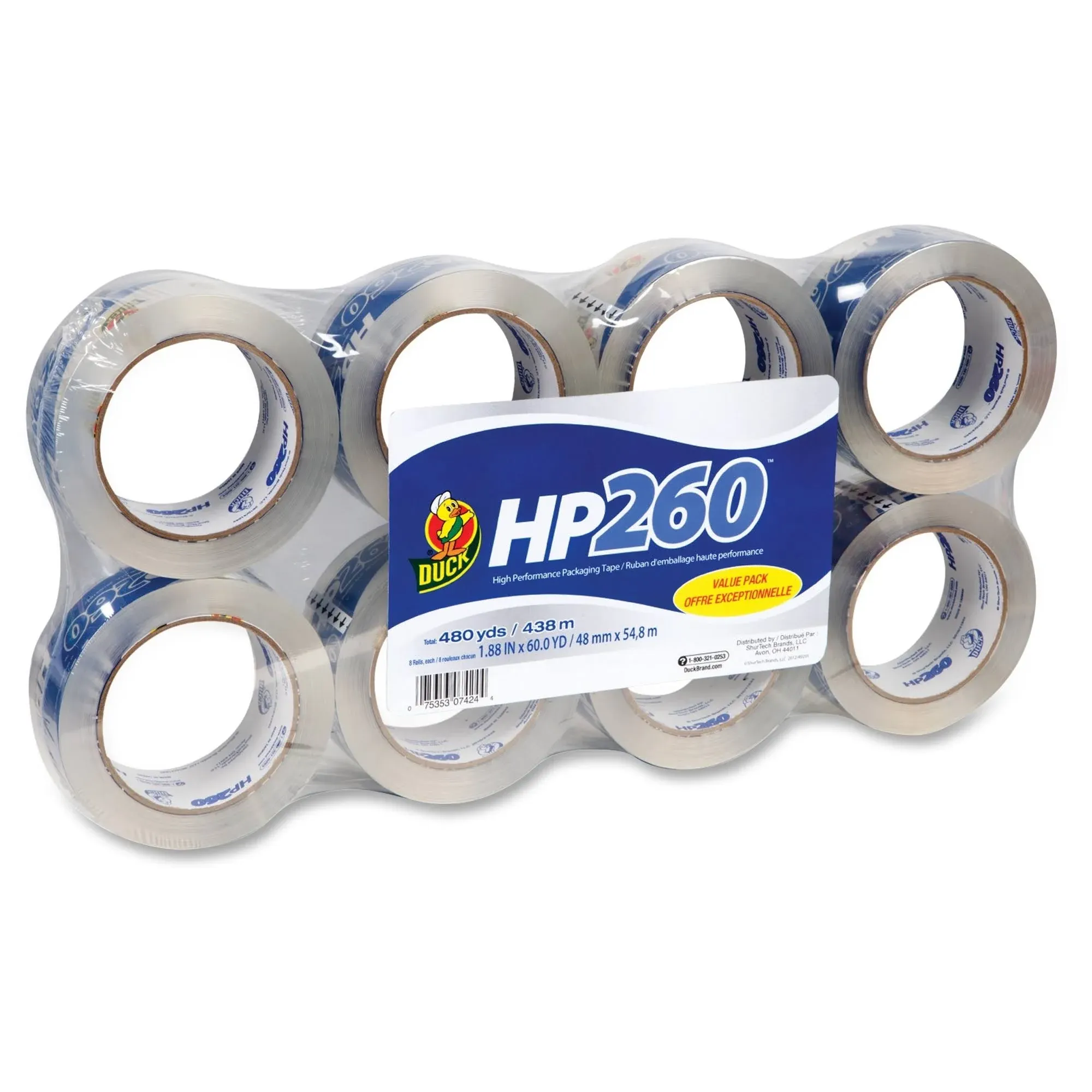 Duck HP260 Carton Sealing Packaging Tape Refill, 8 Rolls, 1.88" x 60 Yard, Clear