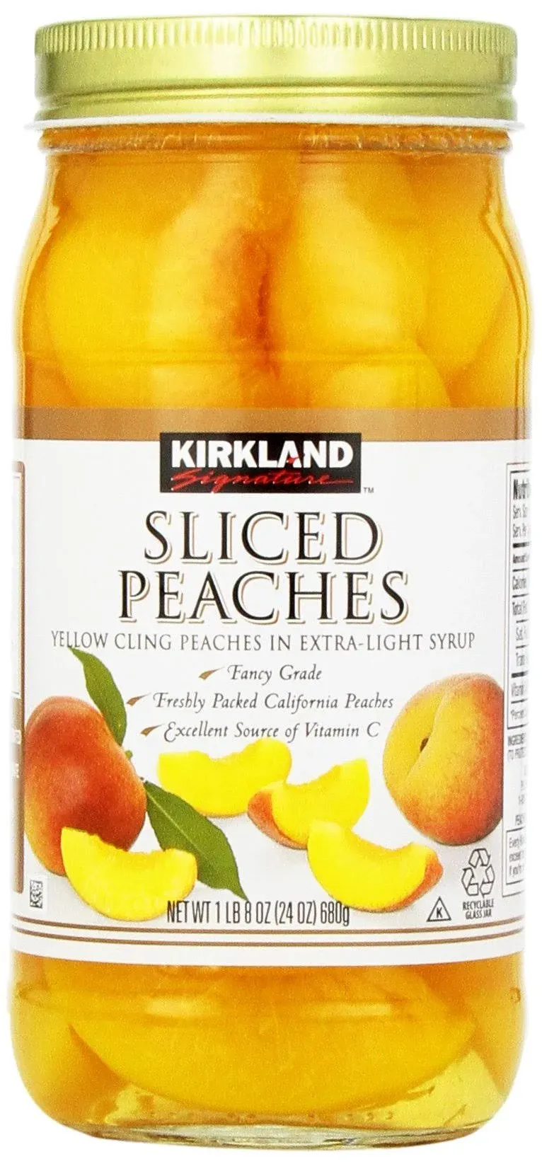 Kirkland Peaches, Sliced, Cling, Yellow, in Extra Light Syrup - 4 pack, 24 oz