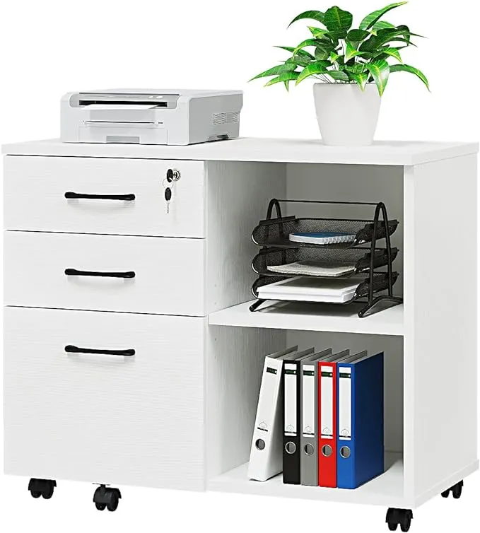 Wood File Cabinet, 3 Drawer Mobile Lateral Filing Cabinet On Wheels, Printer Stand with Open Storage Shelves for Home Office(White)