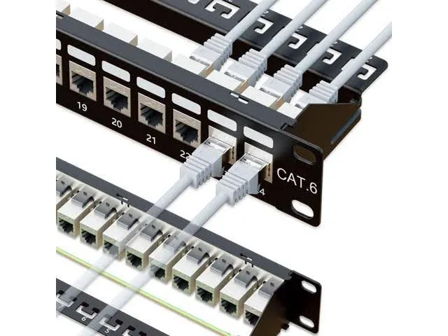 iwillink 24 Port RJ45 Through Coupler 1U Cat6 Patch Panel STP Shielded 19-inch with Back Bar, Wallmount or Rackmount, Compatible with Cat5, Cat5e, Cat