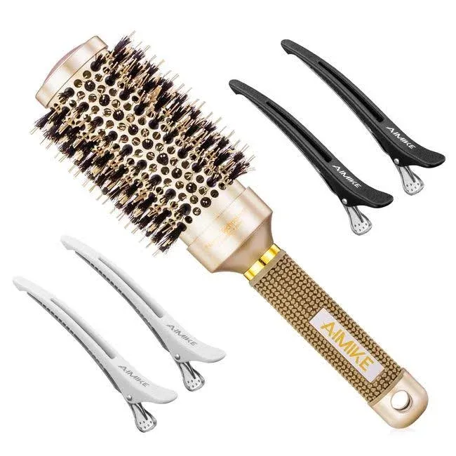 AIMIKE Round Brush, 1.3 Inch Barrel, Nano Thermal Ceramic & Ionic Tech, Boar Bristles, for Blow Drying, Styling, Curling and Shine, Gold + 4 Clips