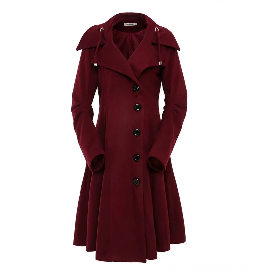 ForeMode Women Swing Double Breasted Wool Pea Coat with Belt Buckle Spring Mid-Long Long Sleeve Lapel Dresses Outwear