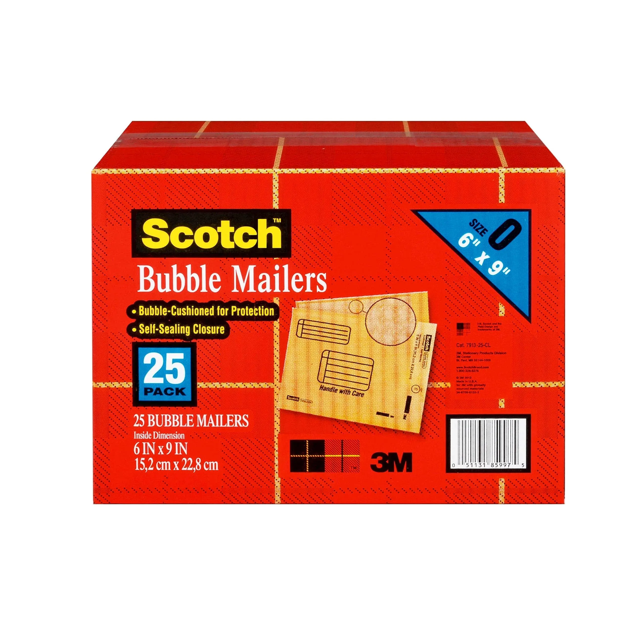 Scotch Bubble Mailer, 6 in x 9 in, Size #0, Kraft, 25/Pack (7913-25-CS)