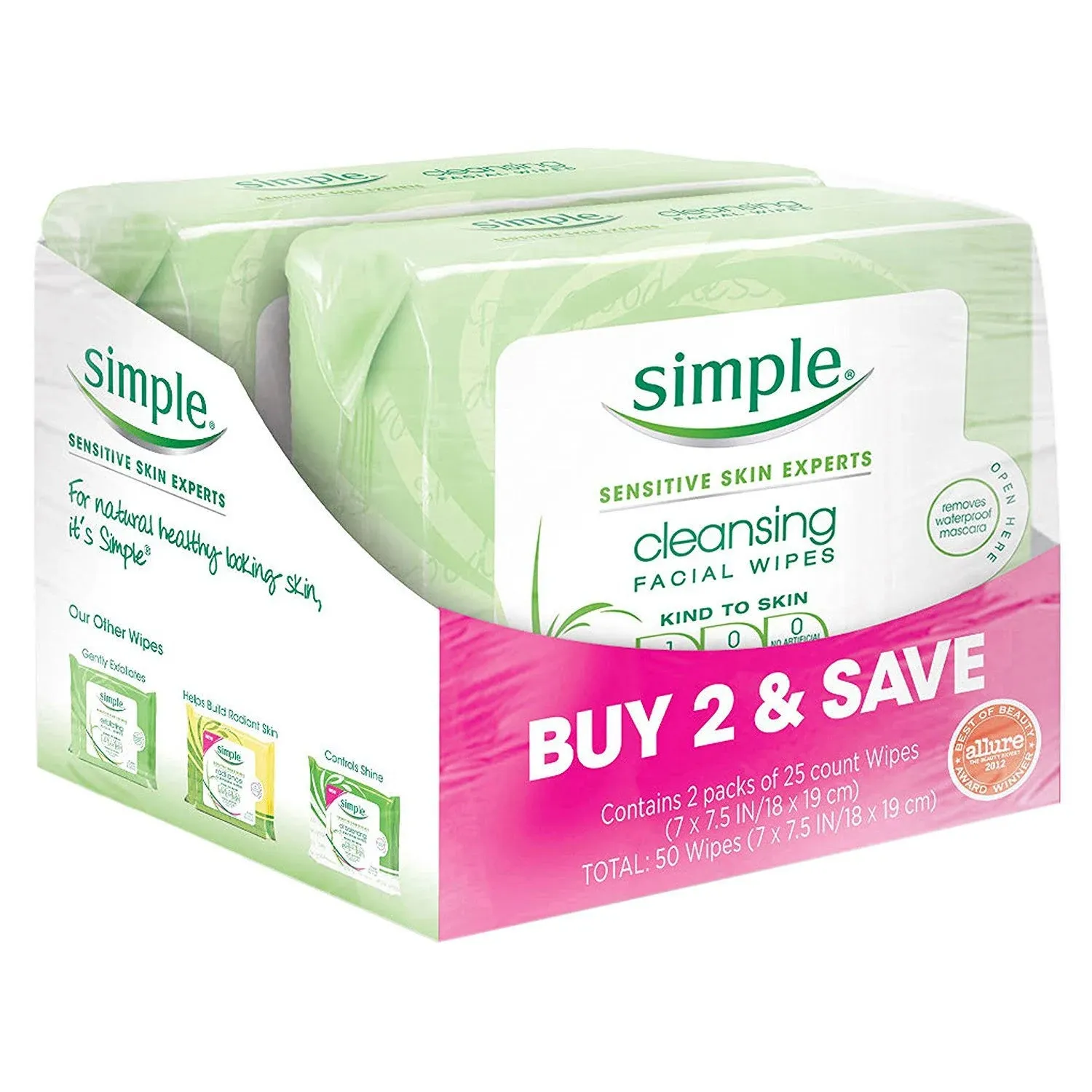 Simple Kind to Skin Facial Wipes, Cleansing 25 CT, Twin Pack