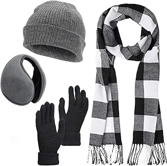 Knitted Plaid Scarf and Gloves Set