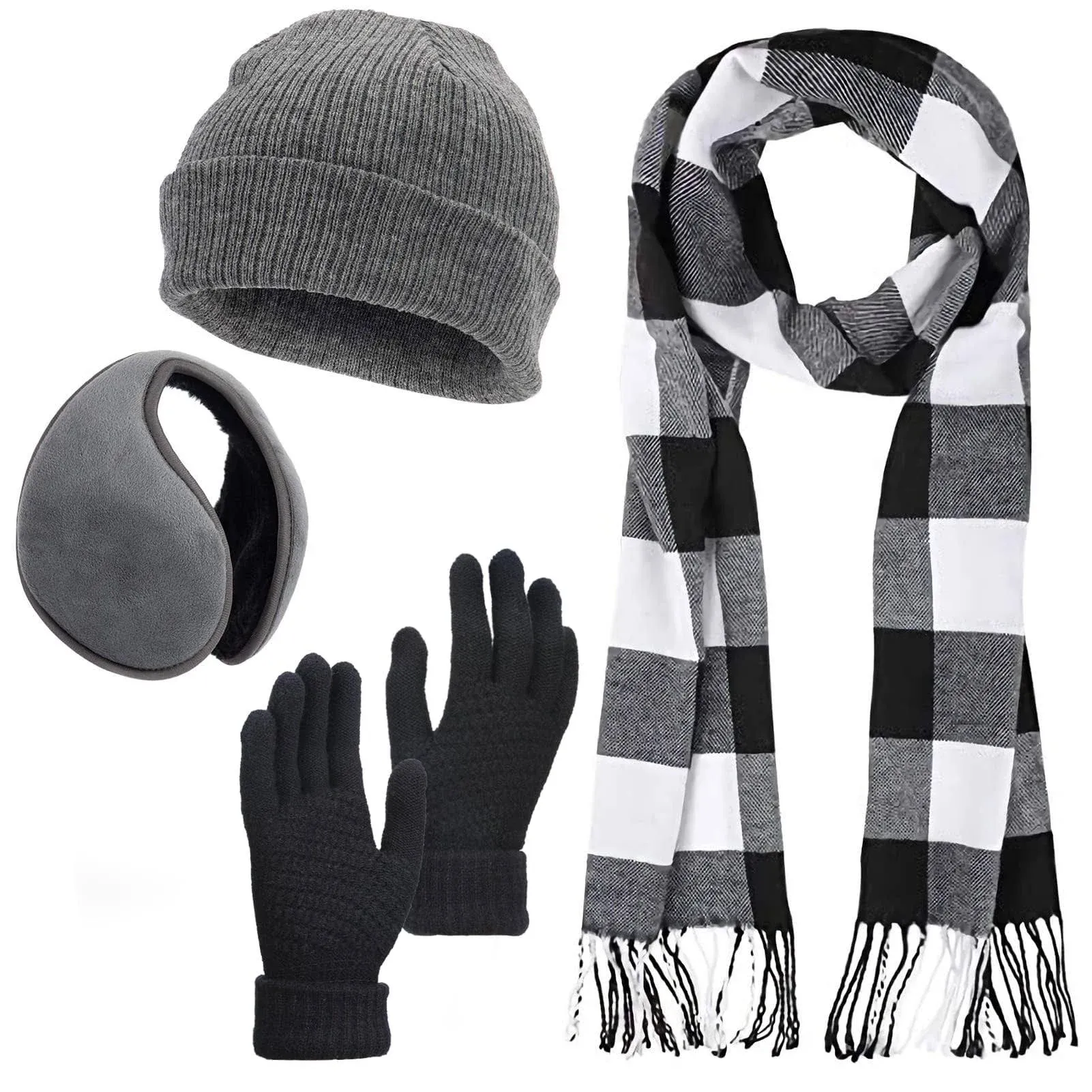 Knitted Plaid Scarf and Gloves Set