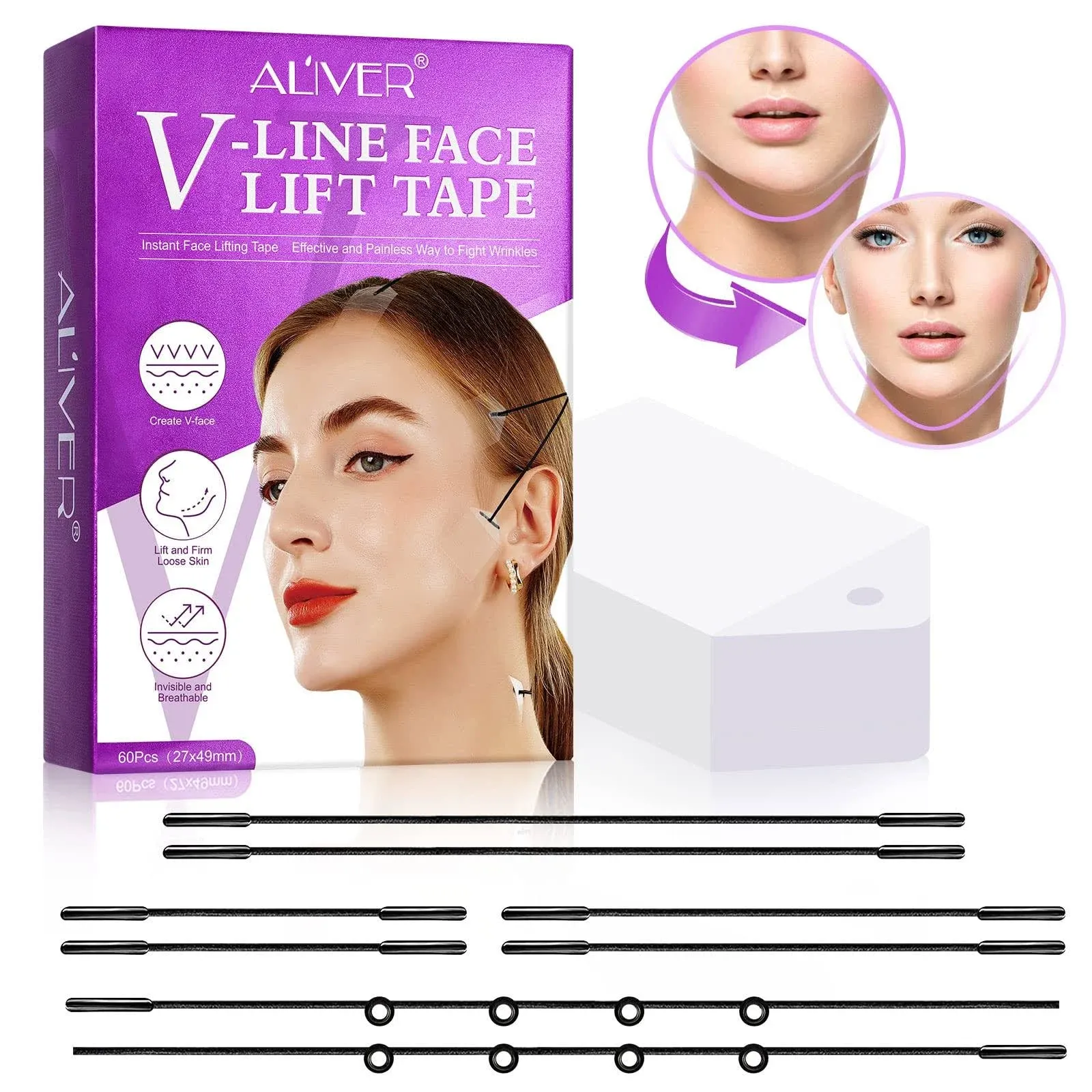 Face Tape Lifting Invisible, 60pcs Face Lift Tape For Face Invisible With 8 Adjustable Bands, Instant Neck Facial Lifting Tape With String For Wrinkles, Double Chin, And Saggy Skin, Waterproof