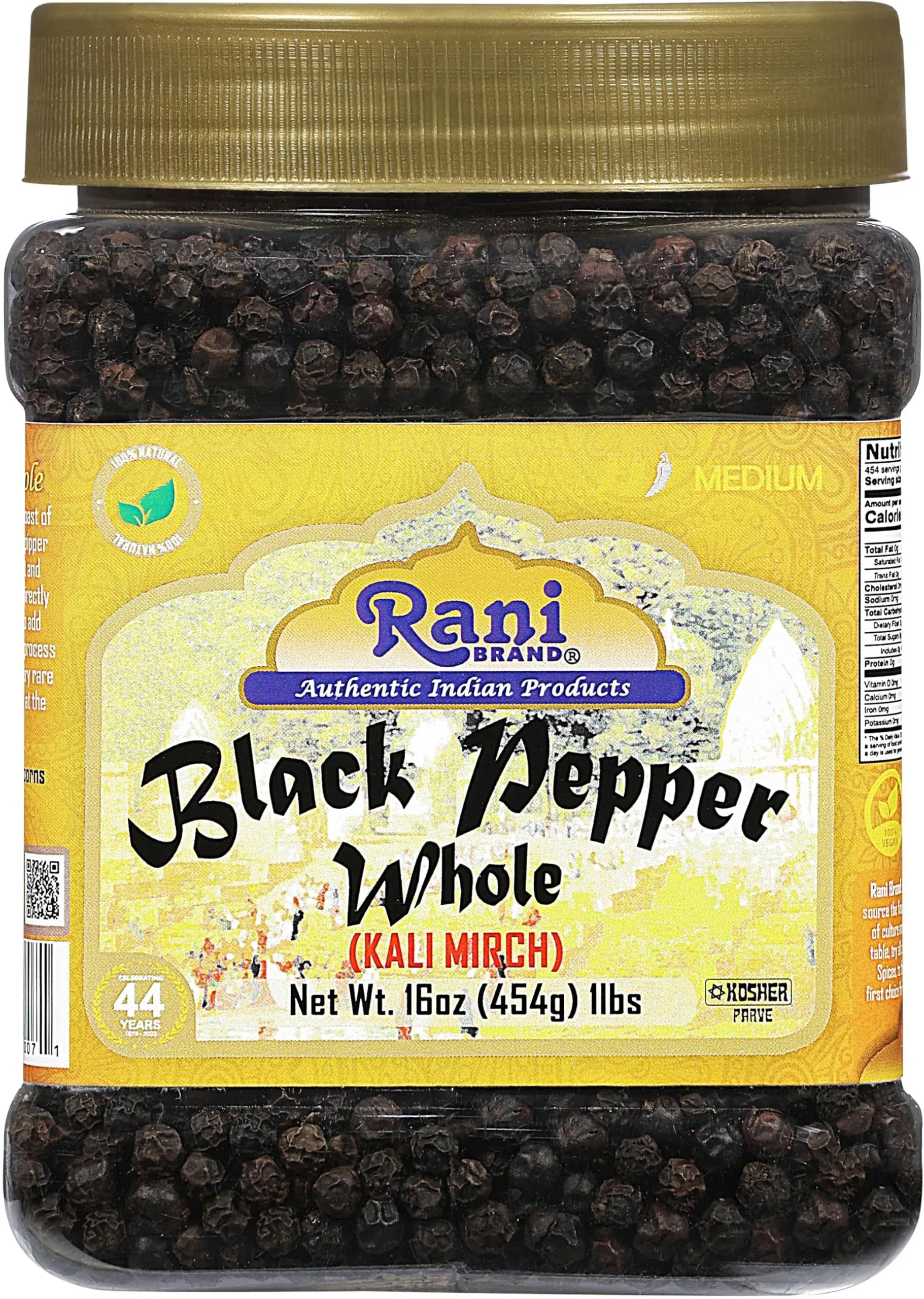 Rani Black Pepper Whole (Peppercorns), Premium Indian mg 1 Grade 16oz (1lb) 454g Bulk Pet Jar ~ All Natural | Gluten Fri