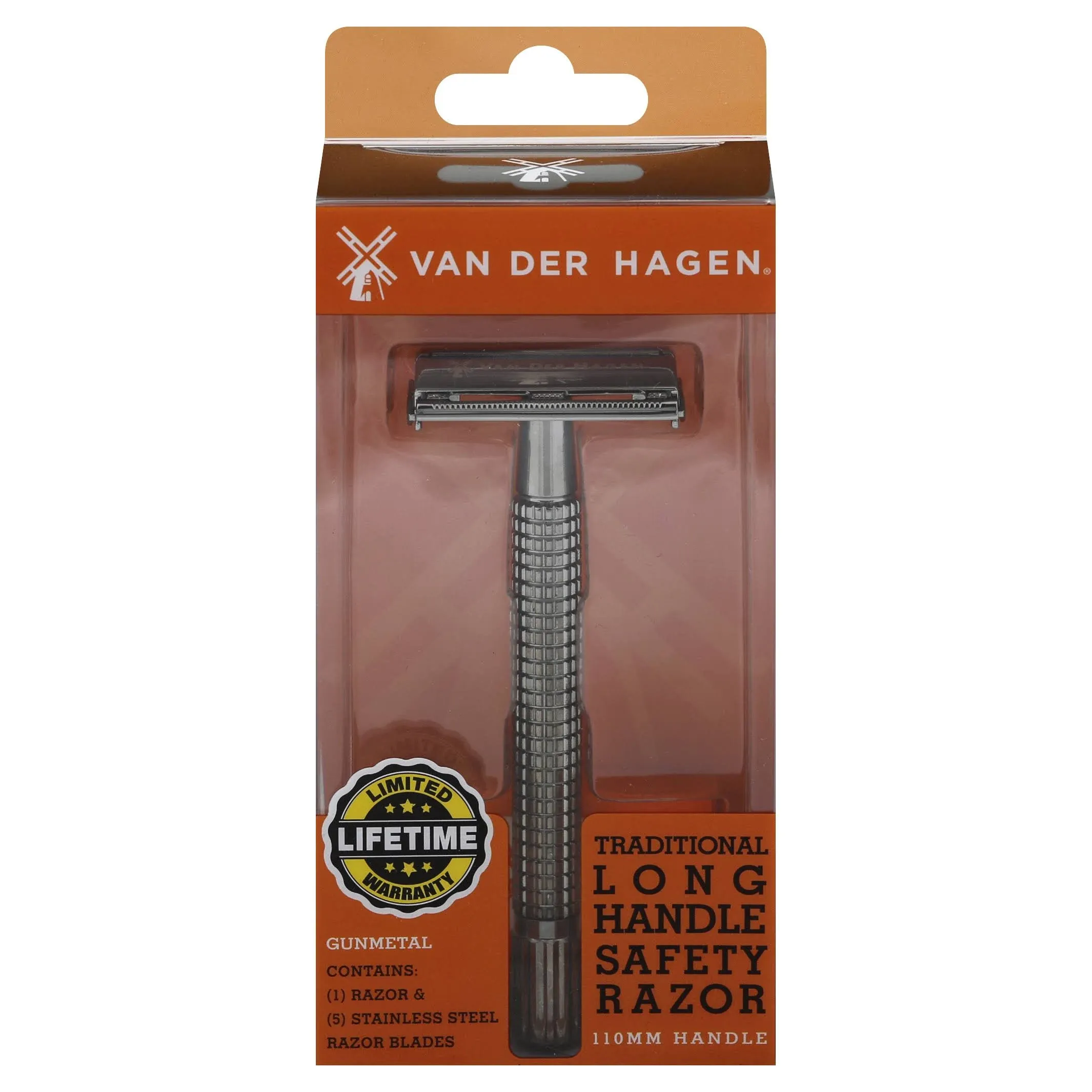 Van Der Hagen Razor, Traditional Long Handle Safety, Gunmetal, 110MM Handle