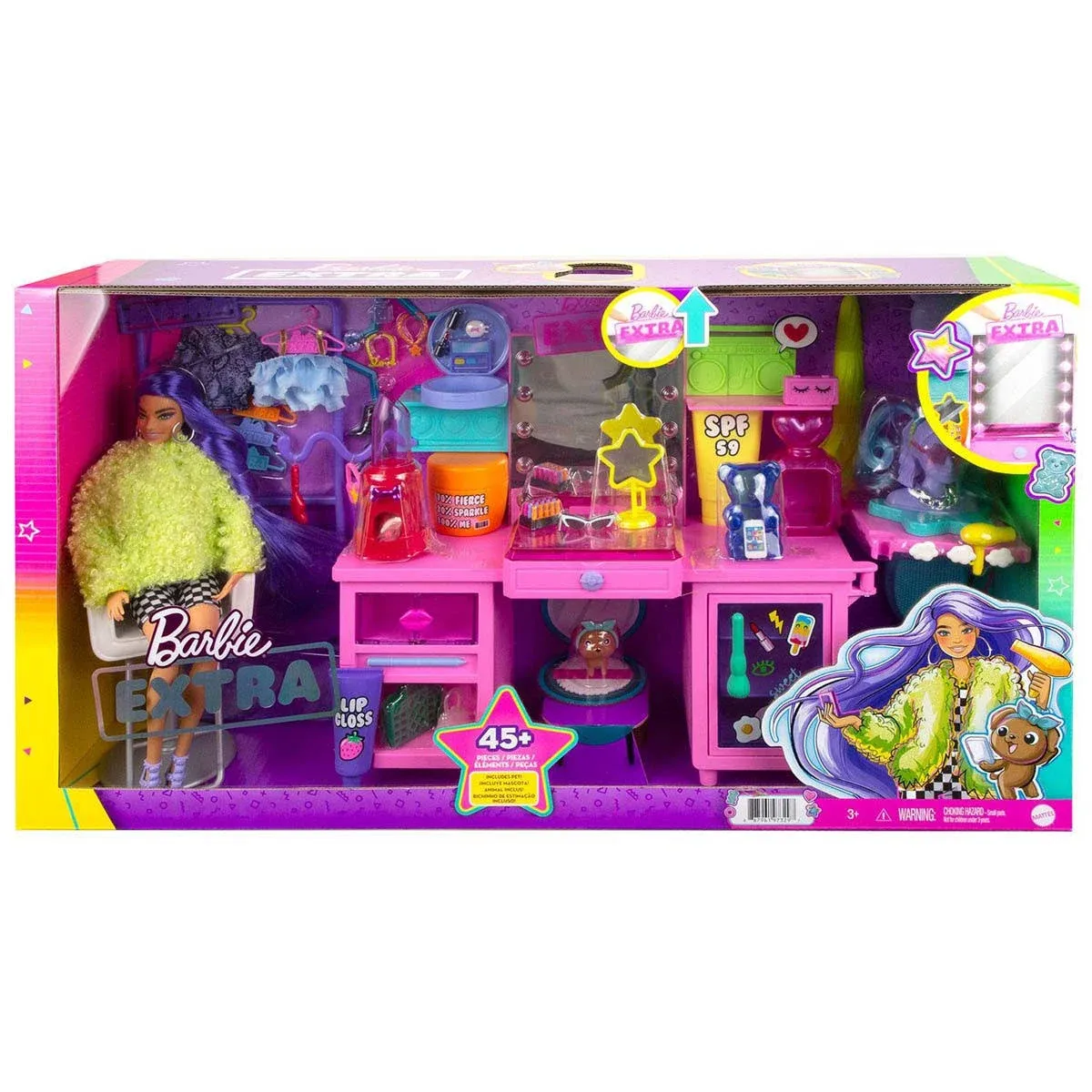 Barbie Extra Doll & Vanity Playset with Exclusive Doll, Pet Puppy & 45+ Pieces Including Vanity, Rolling Clothing Rack, Light-Up Mirror, Clothes & Accessories