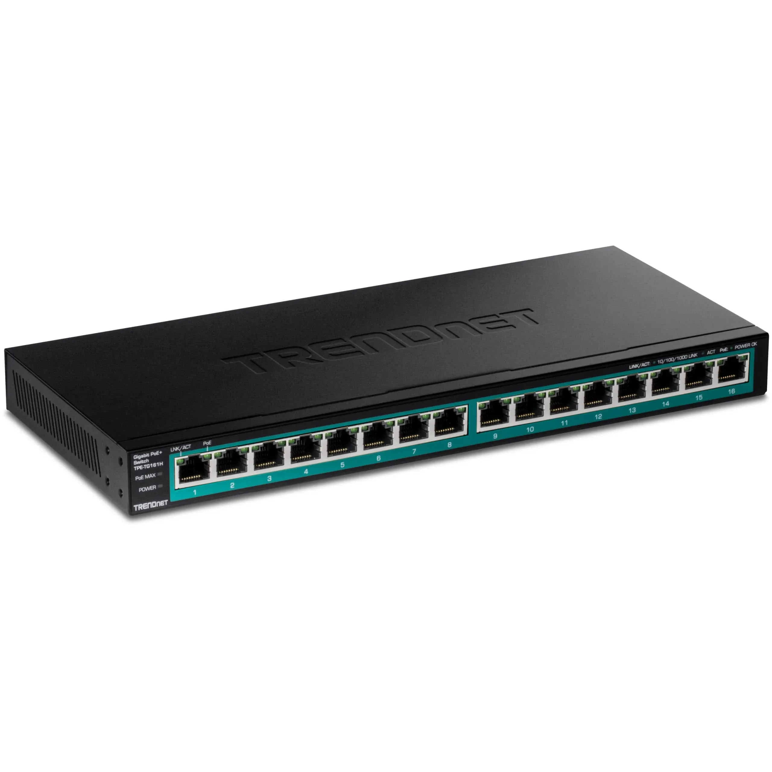 TRENDnet 16-Port Gigabit PoE+ Switch, 16 x Gigabit PoE+ Ports, 120W PoE Budget, Up to 30W Per Port, 1U 19 Rackmount Brackets Included, Fanless, Lifetime Protection, Black, TPE-TG161H