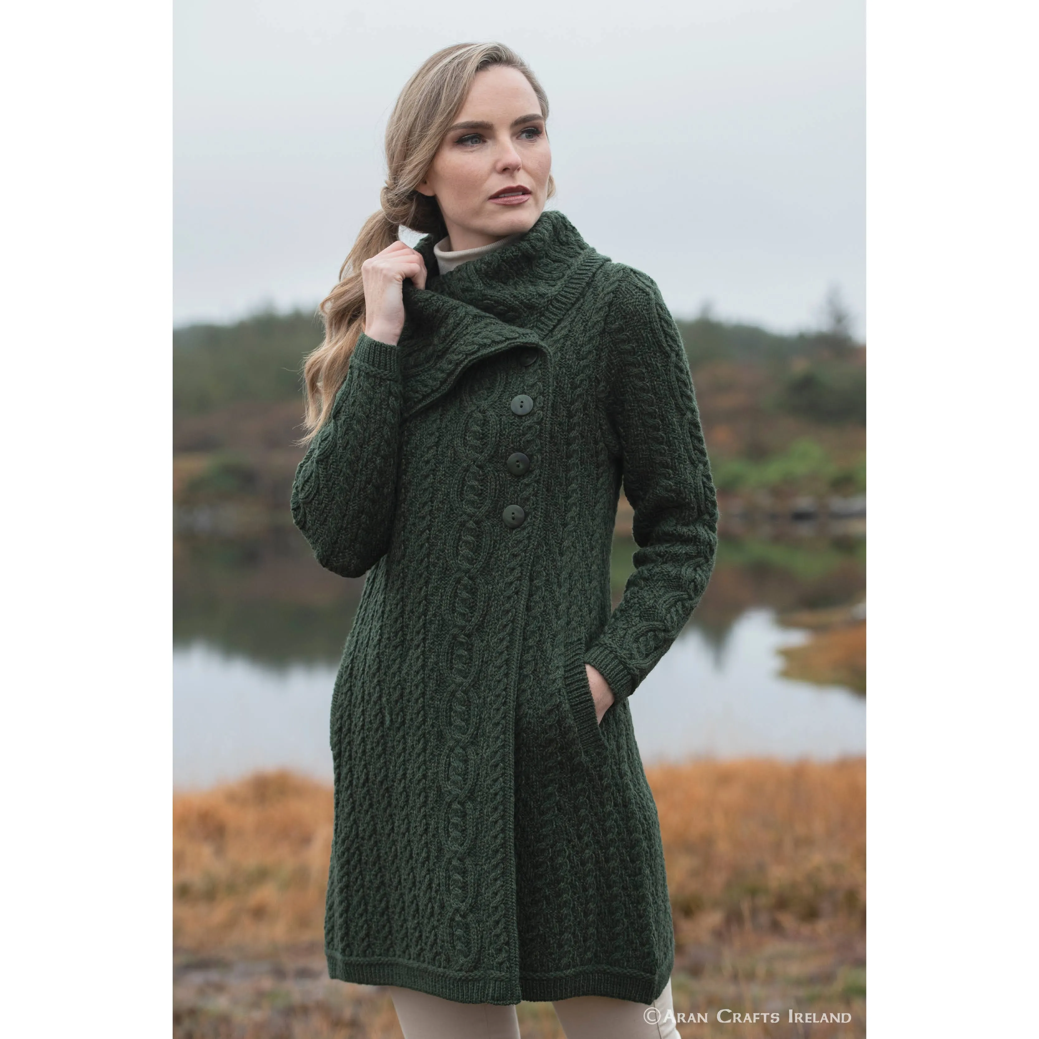 Aran Crafts Chunky Collar Green Coat - S