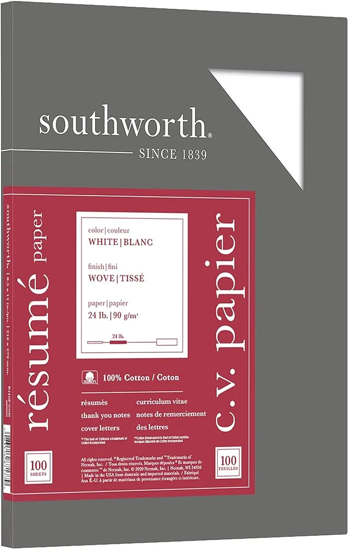 Southworth 100% Cotton Resume Paper, 95 Bright, 24 lb, 8.5 x 11, White, 100/Pack (SOUR14CF)