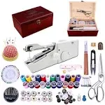 Handheld Sewing Machine, Hand Held Sewing Device Heavy Duty, Hand Sewing Machine Portable, Wooden Sewing Box with 153 Pcs Sewing Kit