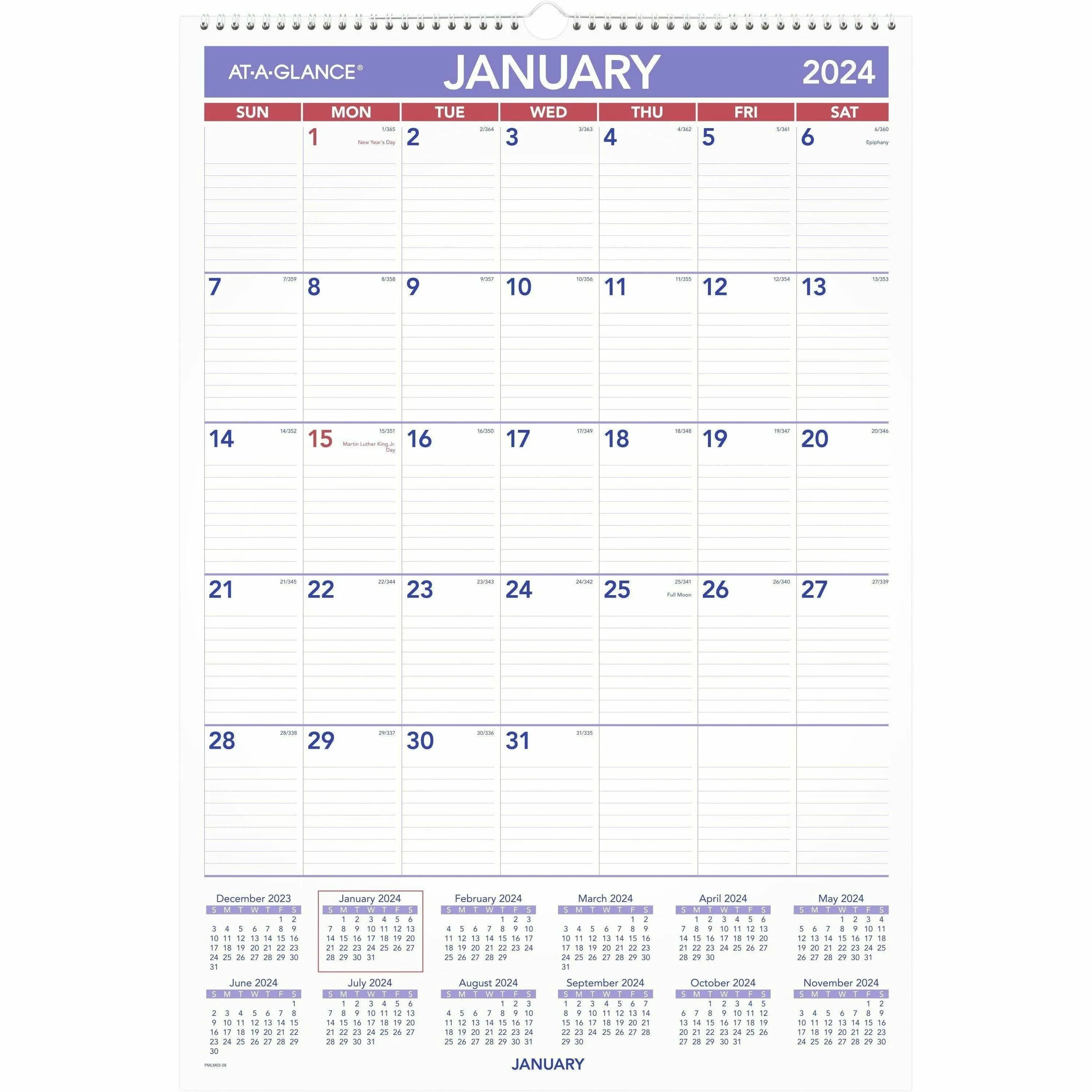 AT-A-GLANCE 2024 Erasable Calendar, Dry Erase Wall Planner, 15-1/2" x 22-3/4", Medium (PMLM032824)