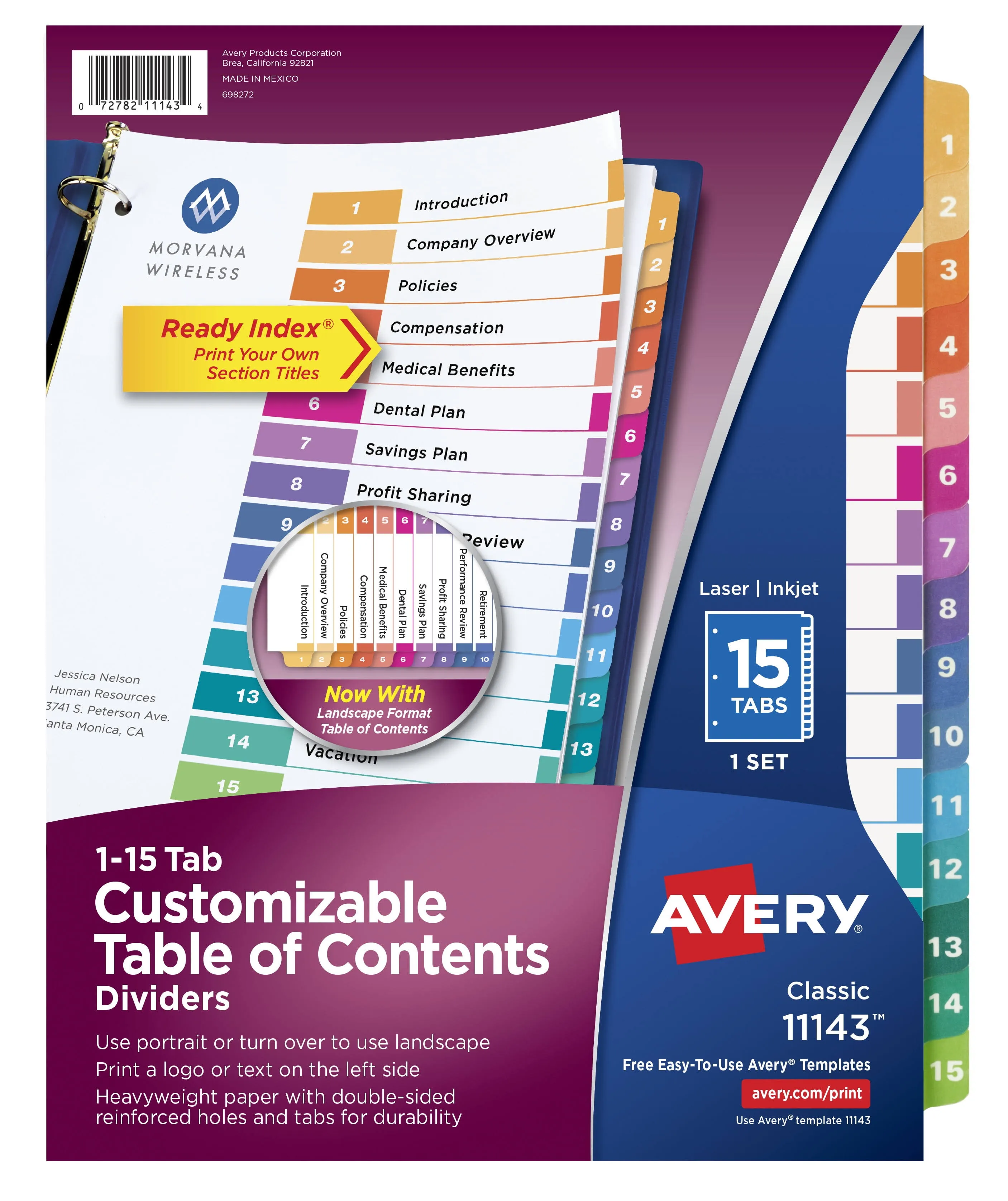 Avery&reg; Ready Index&reg; 1-15 Tab Binder Dividers With Customizable Table Of Contents, 8-1/2&quot; x 11&quot;, 15 Tab, White/Multicolor, 1 Set