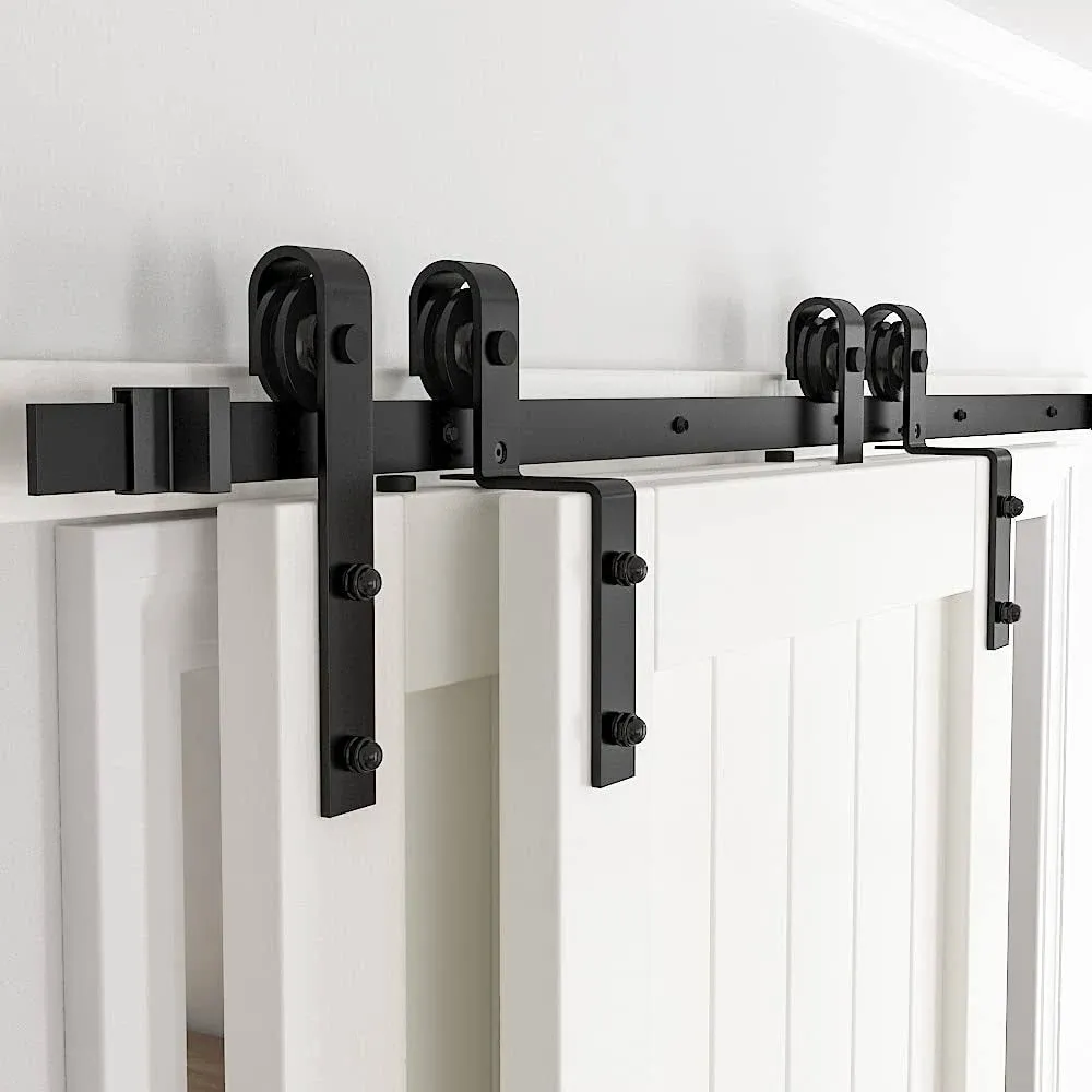 SKYSEN Heavy Duty Sliding Barn Door Hardware Single Track Bypass Double Door Kit Black