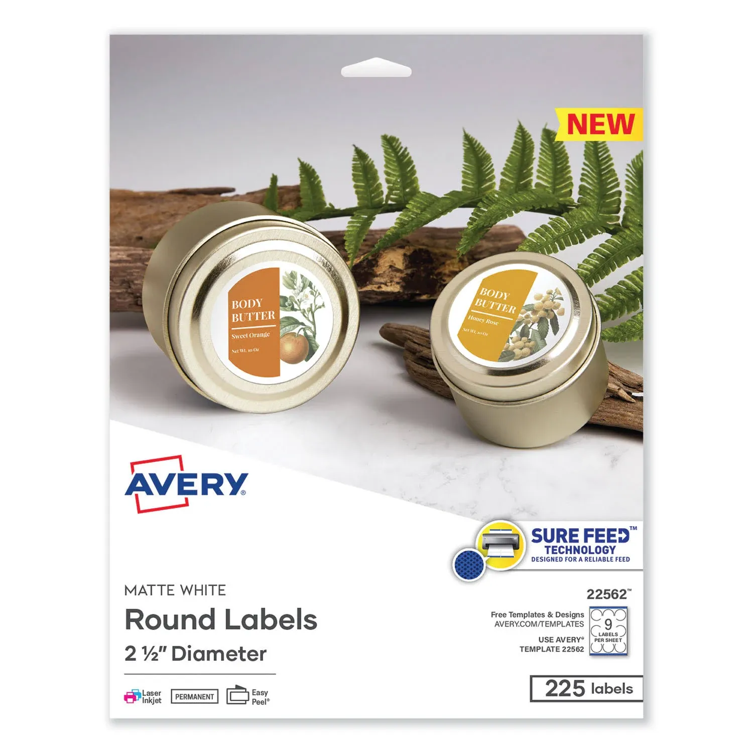 Avery Printable Blank Round Labels, 2.5" Diameter, Matte White, 225 Customizable Labels (22562)