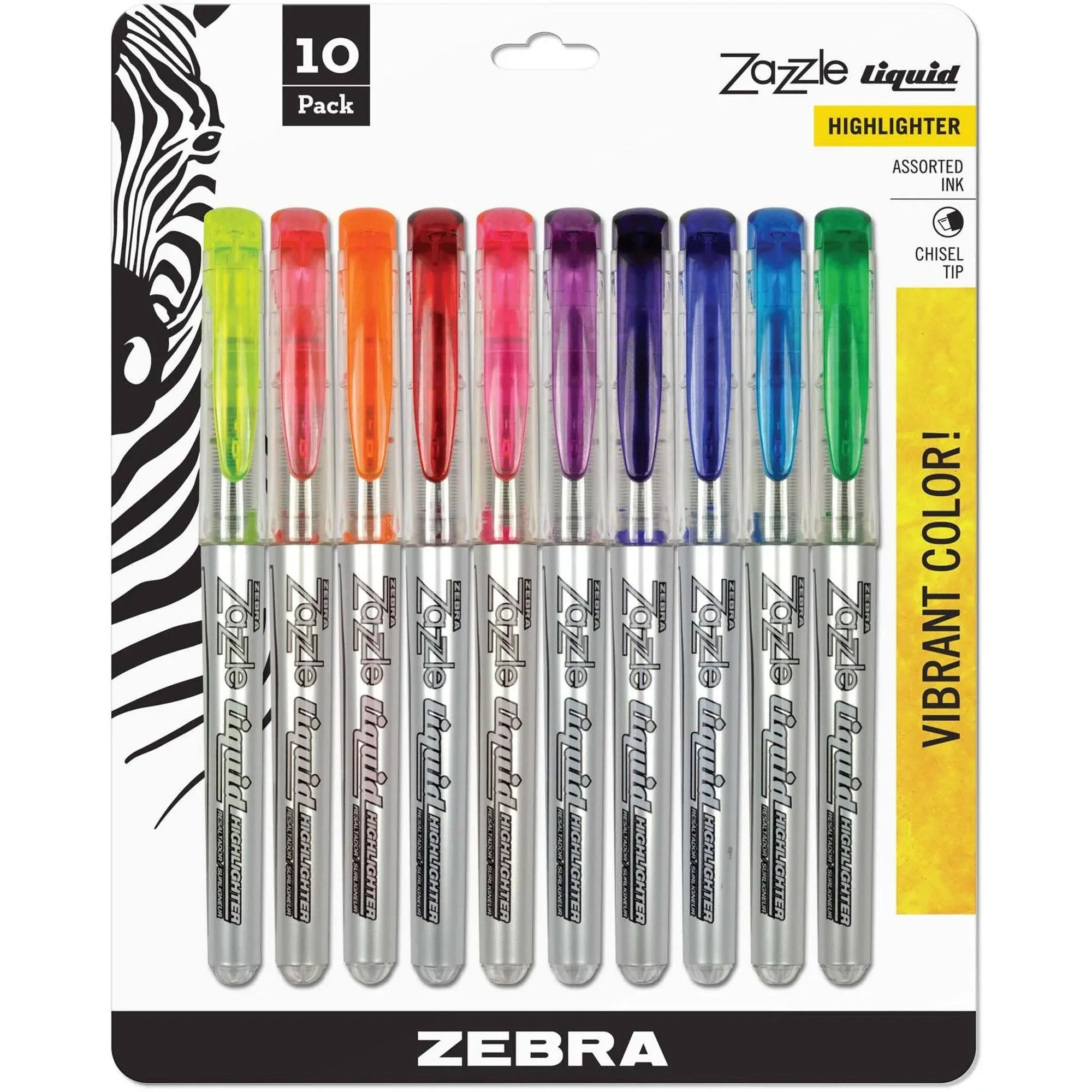 Zebra Zazzle Liquid Ink Highlighter, Chisel Tip, Assorted Colors, 10-Set