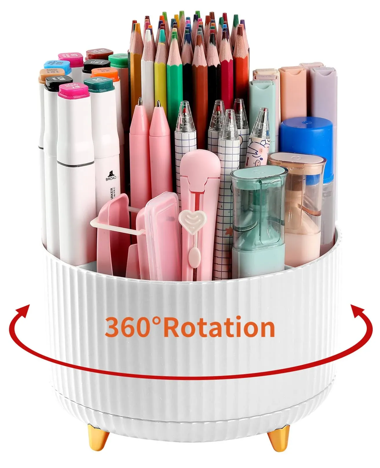 Desk Pencil Pen Holder, 5 Slots 360°Degree Rotating Pencil Pen Organizers for Desk, Desktop Storage Stationery Supplies Organizer, Cute Pencil Cup Pot for Office, School, Home, Art Supply, White