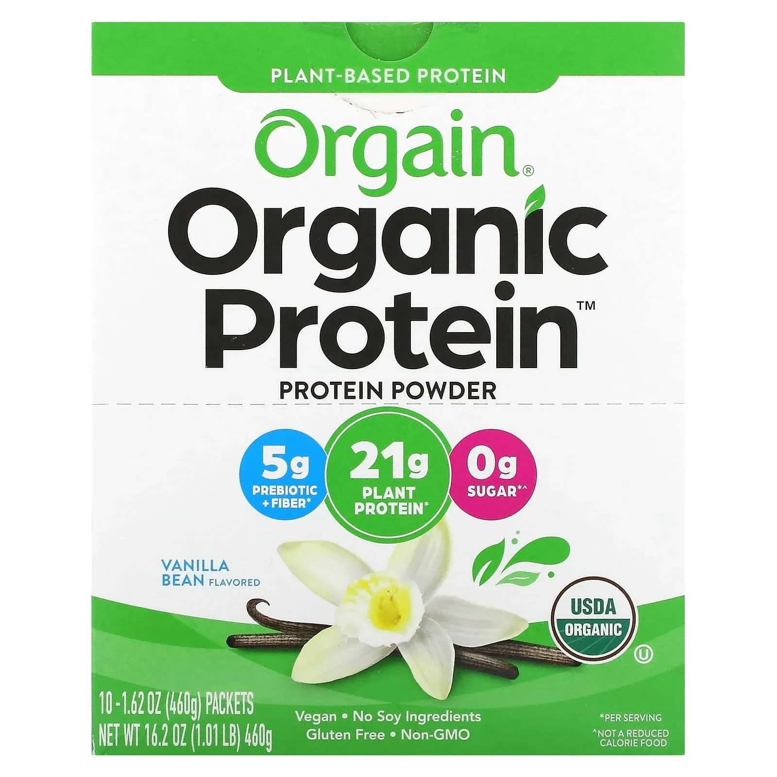 Organic Plant Based Protein Powder Travel Pack, Vanilla Bean - 21G of Protein, 5G of Fiber, No Dairy, Gluten, Soy or Added Sugar, Non-Gmo, 10 Count