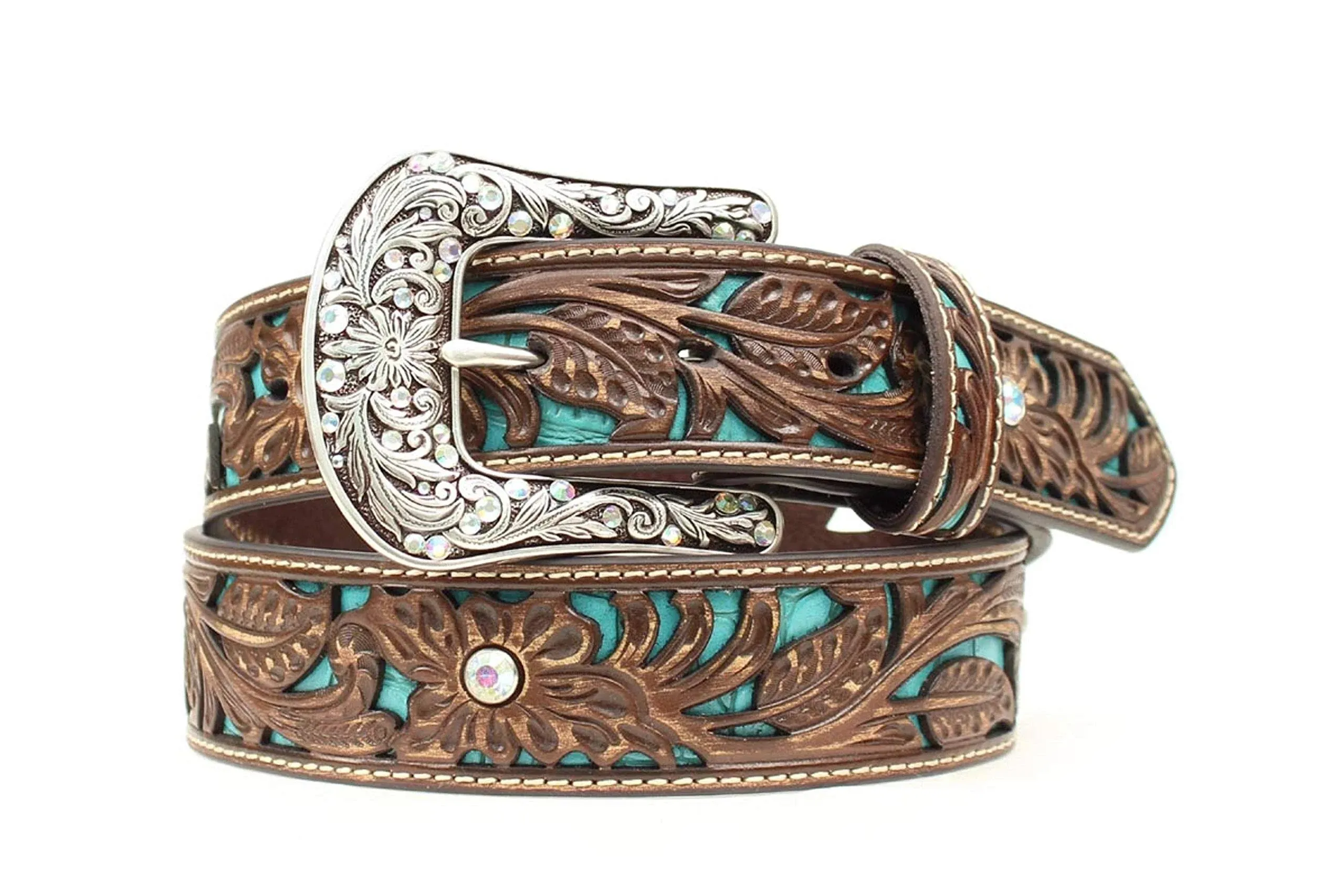 Ariat Women&#039;s Turquoise Inlay Floral Bling Belt - Brown, Size Small