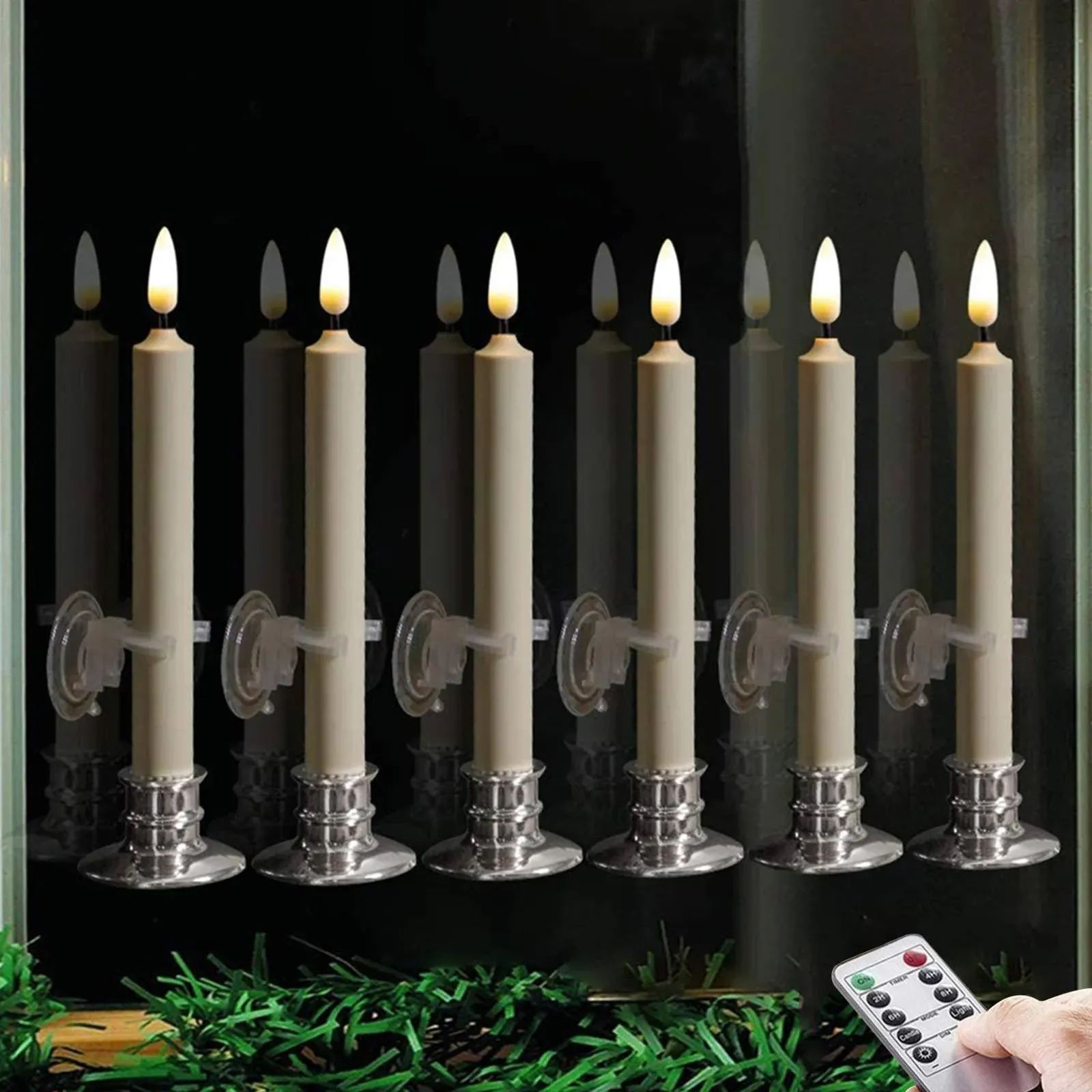 6PACK Flameless Battery Powered Ivory Taper Windows Candles with Remote and Timer & Candlestick, with Clips, Suction Cup,and Removable Silver Candleholders, Remote Included, Patented