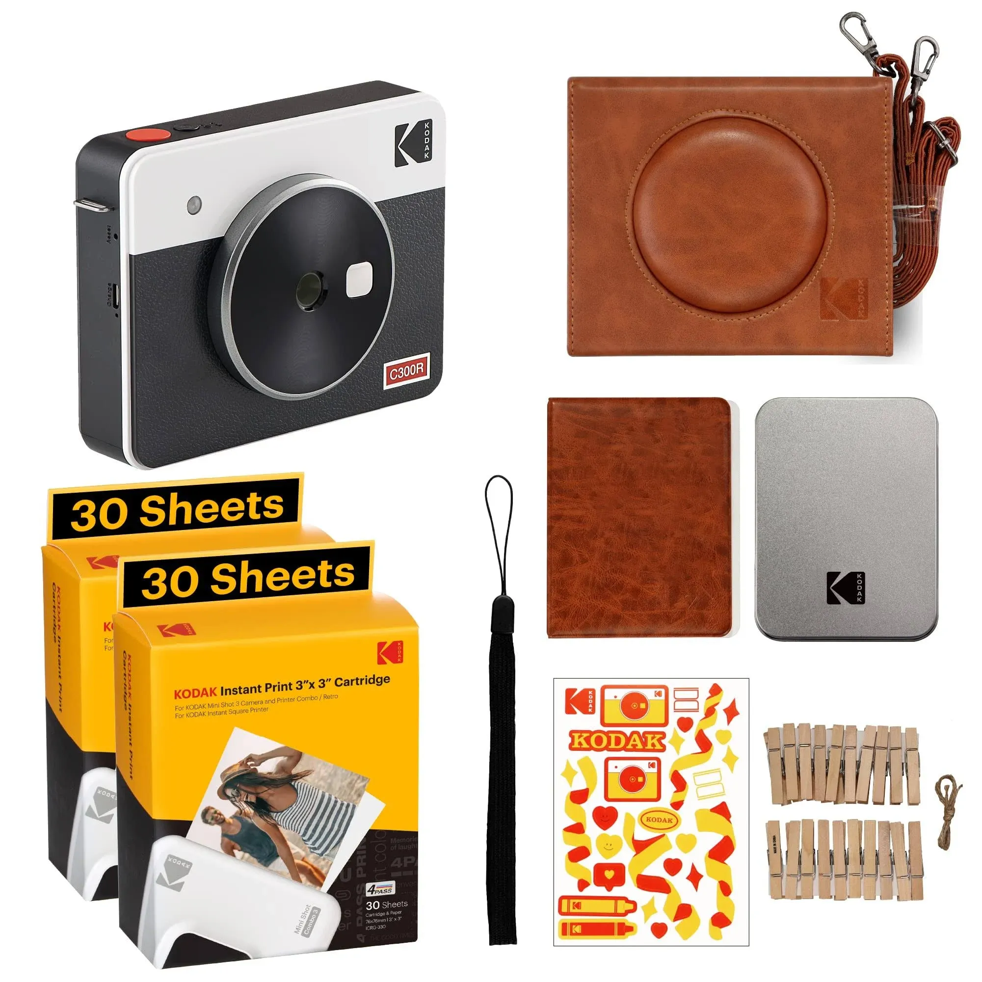 Kodak Mini Shot 3 Retro 4PASS 2-in-1 Instant Camera and Photo Printer (3x3 inches) + 68 Sheets Gift Bundle White