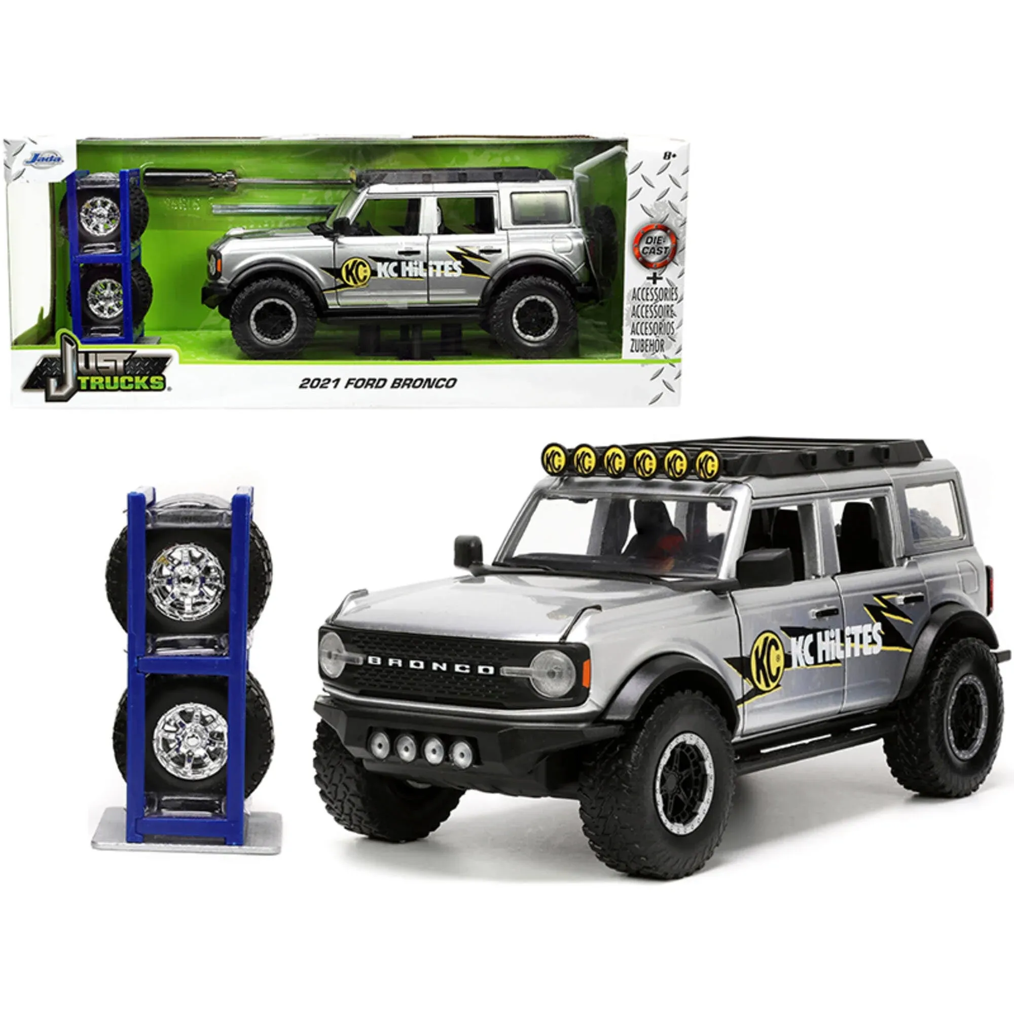 2021 Ford Bronco Gray Metallic "KC HiLiTES" with Extra Wheels "Just Trucks" Series 1/24 Diecast Model Car by Jada