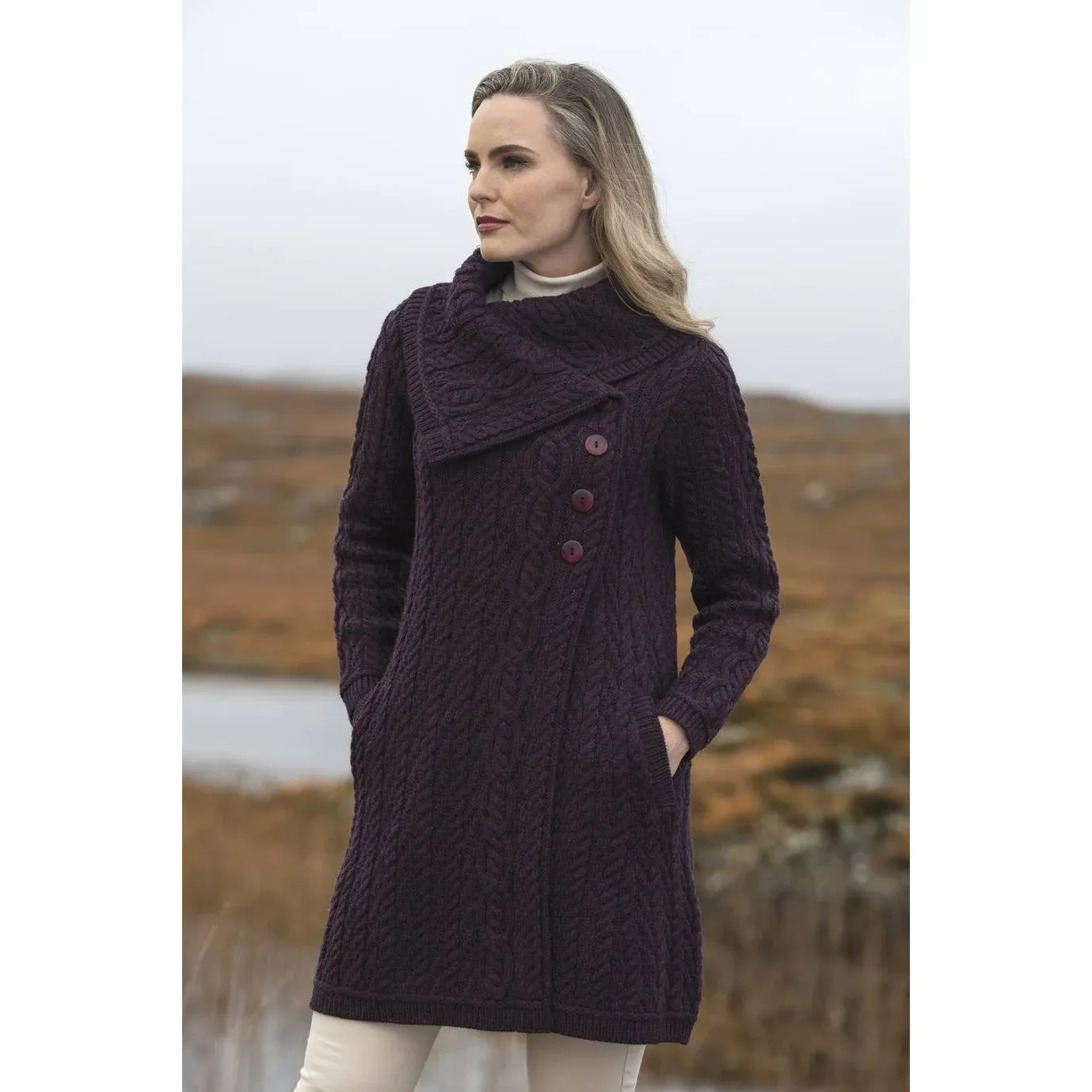 Aran Crafts Collar 3 Button Cardigan, Damson / S