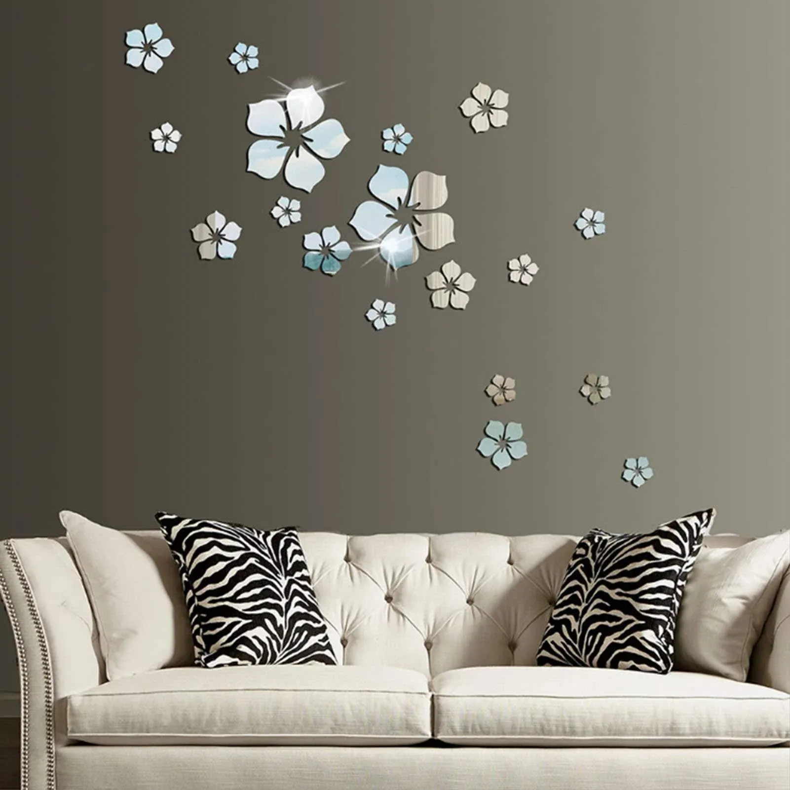 18pcs /Set Acrylic Cherry Blossom Mirror Wall Sticker Living Room Bedroom Background Wall Decoration(Silver)