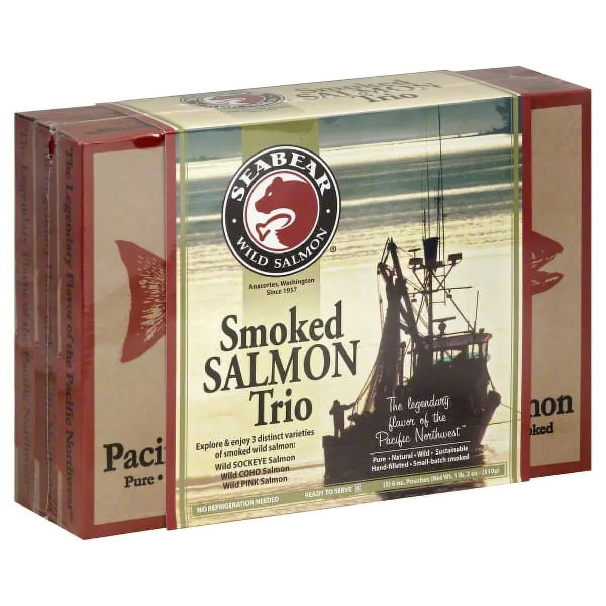 - Premium Wild Alaskan Smoked Sockeye, Coho, and Pink Salmon Trio - 18oz Box