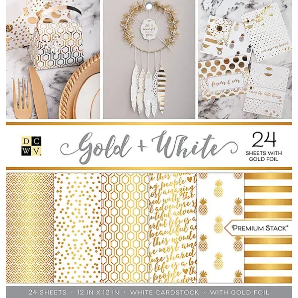 DCWV Gold & White 12" x 12" Single-Sided Cardstock, 24 Sheets