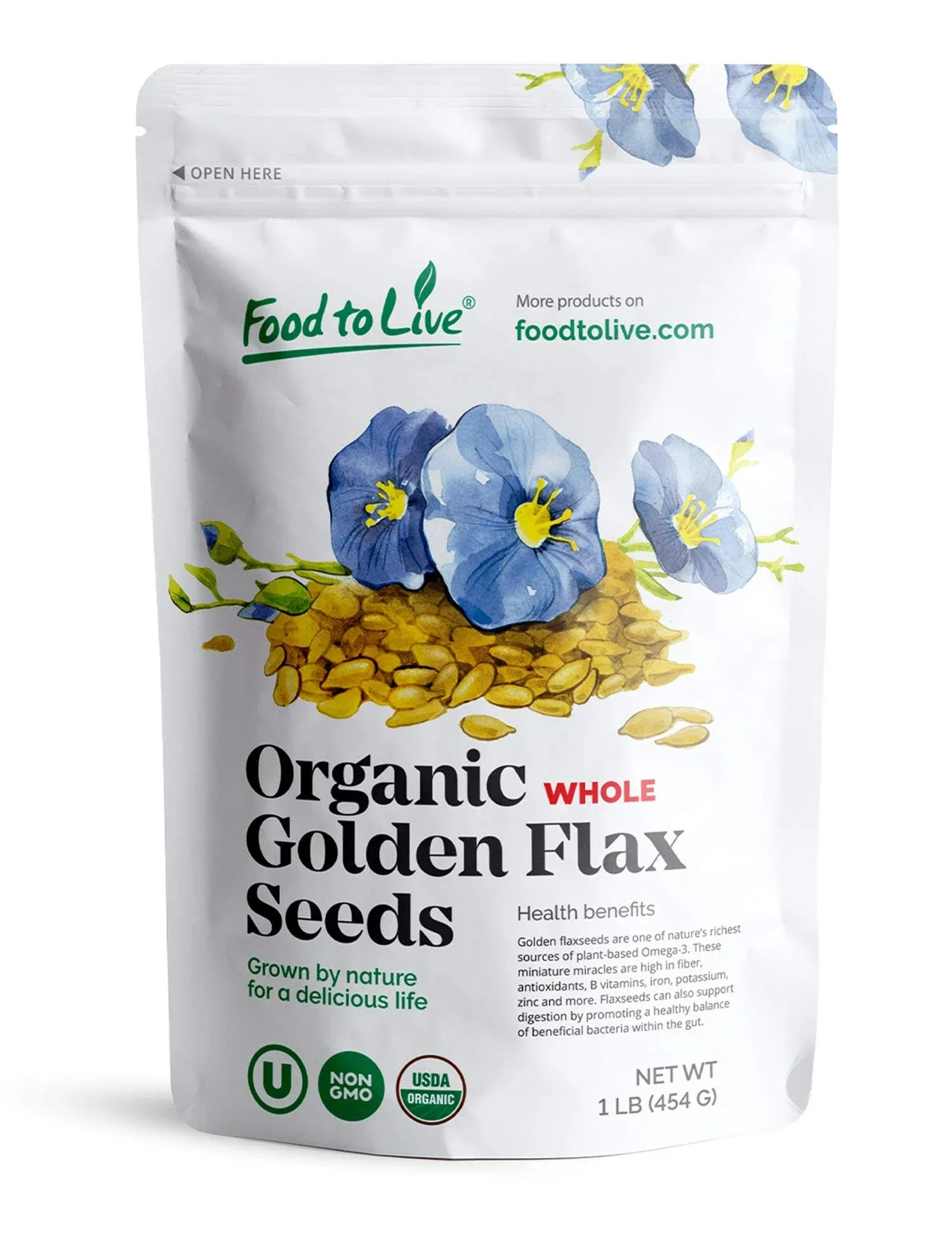 Food to Live Organic Golden Flaxseed, 1 Pound – Whole, Non-GMO, Kosher, Raw, Vegan, Bulk