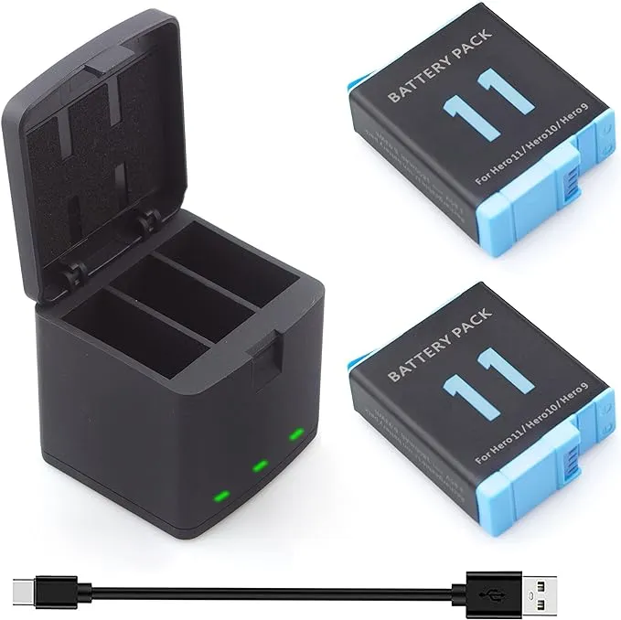 2 Pack Batteries fit for GoPro Hero 11 Black/ Hero 10/ Hero 9 Black, 3-Channel Battery Charger Station for Hero 11/ Hero 10/ Hero 9