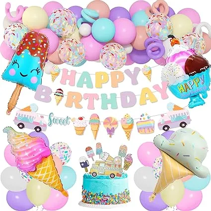 72Pcs Ice Cream Birthday Party Decorations for Girls Kids, Pastel Ice Cream Balloon Garland Arch Kit First Two Sweet Birthday Banner Foil Sprinkle Long Twist Balloons Cupcake Toppers Party Supplies