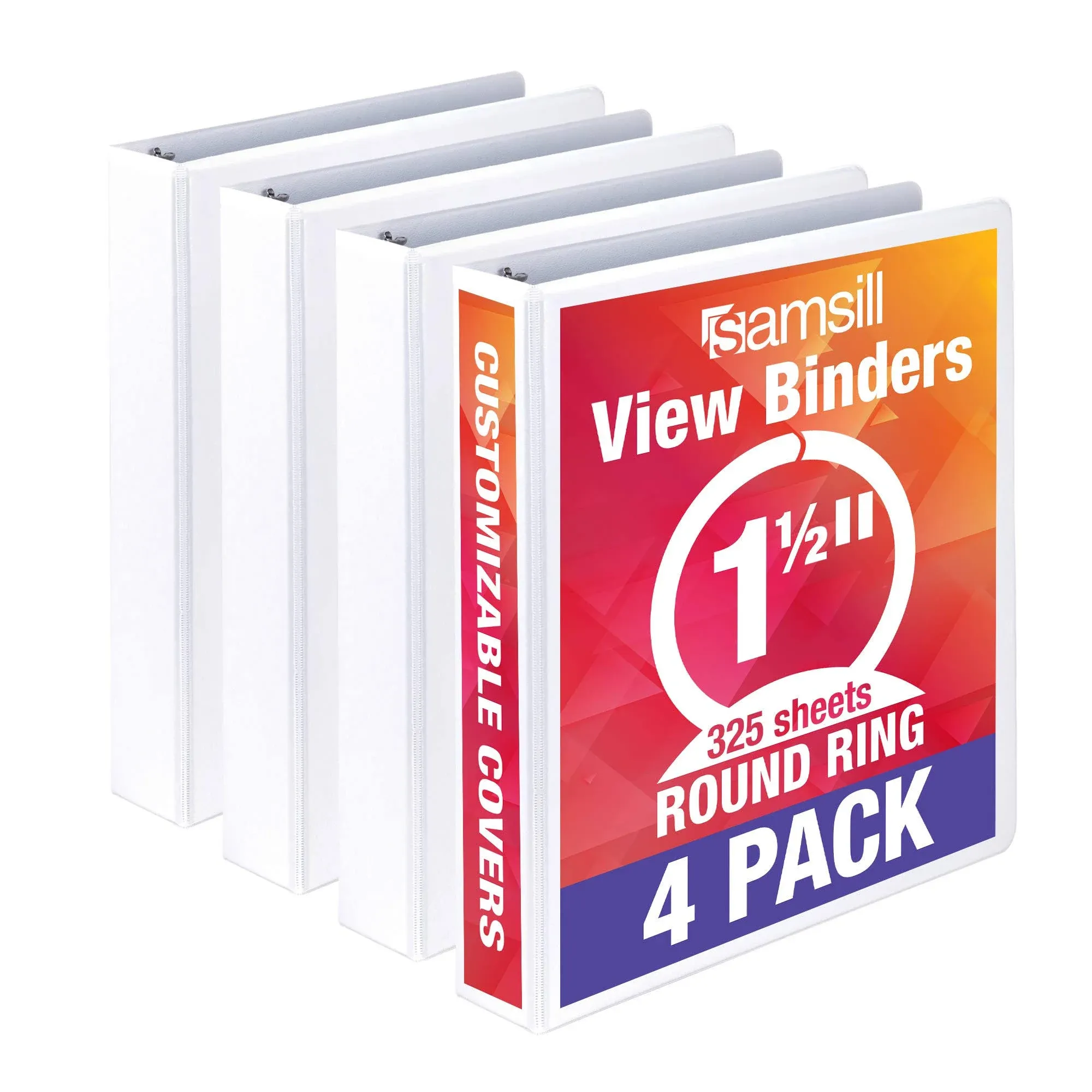 Samsill Economy 1.5 inch 3 Ring Binder, Made in The USA, Round Ring Binder, Non-Stick Customizable Cover, White, 4 Pack (mp48557)